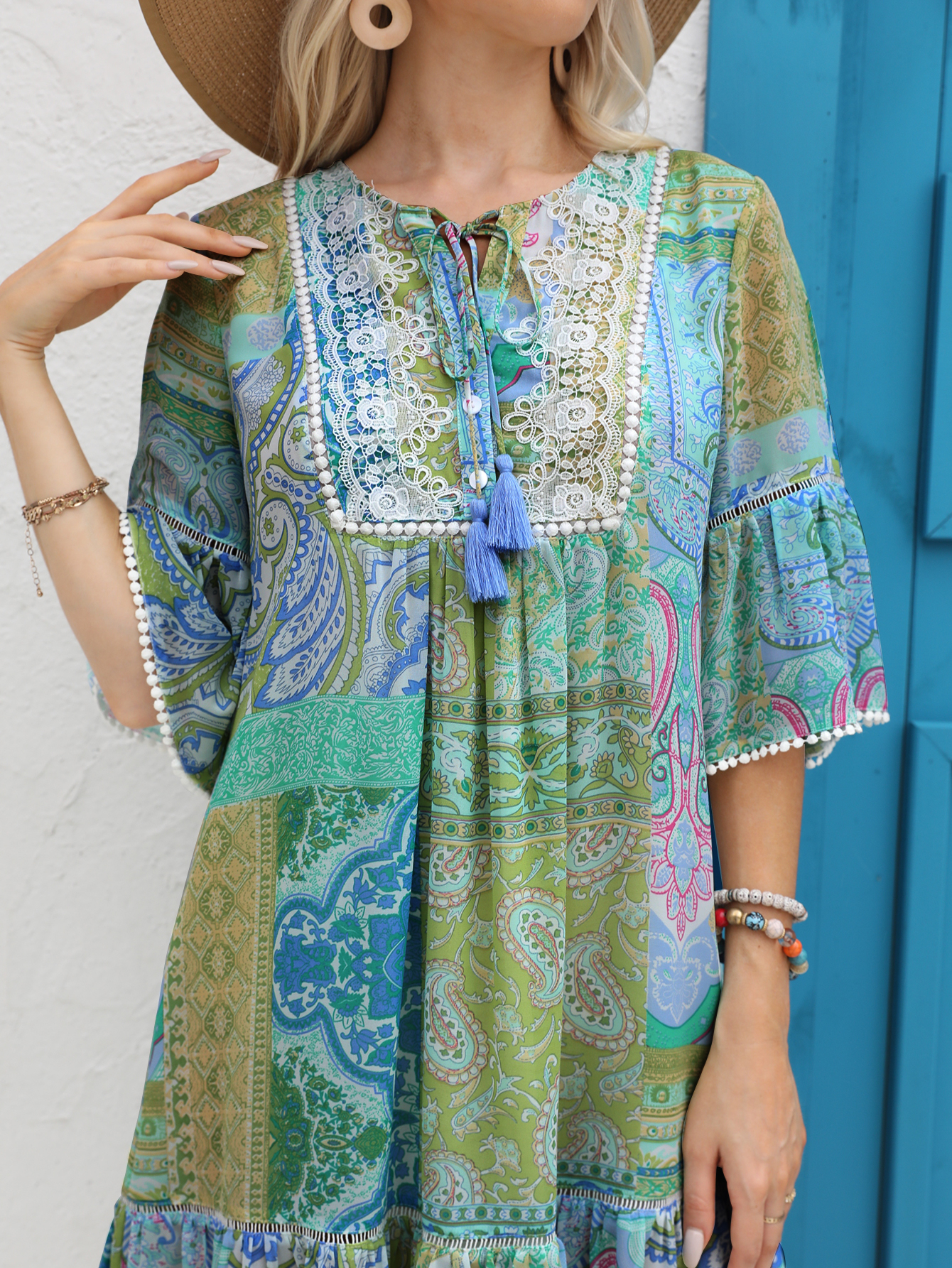 Women’s Boho Patchwork Paisley Tassel Tie Resort Dress D-35109