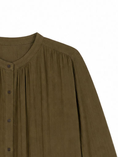 Chic Boho Gathered‑Neck Button‑Front Shirt W-43202