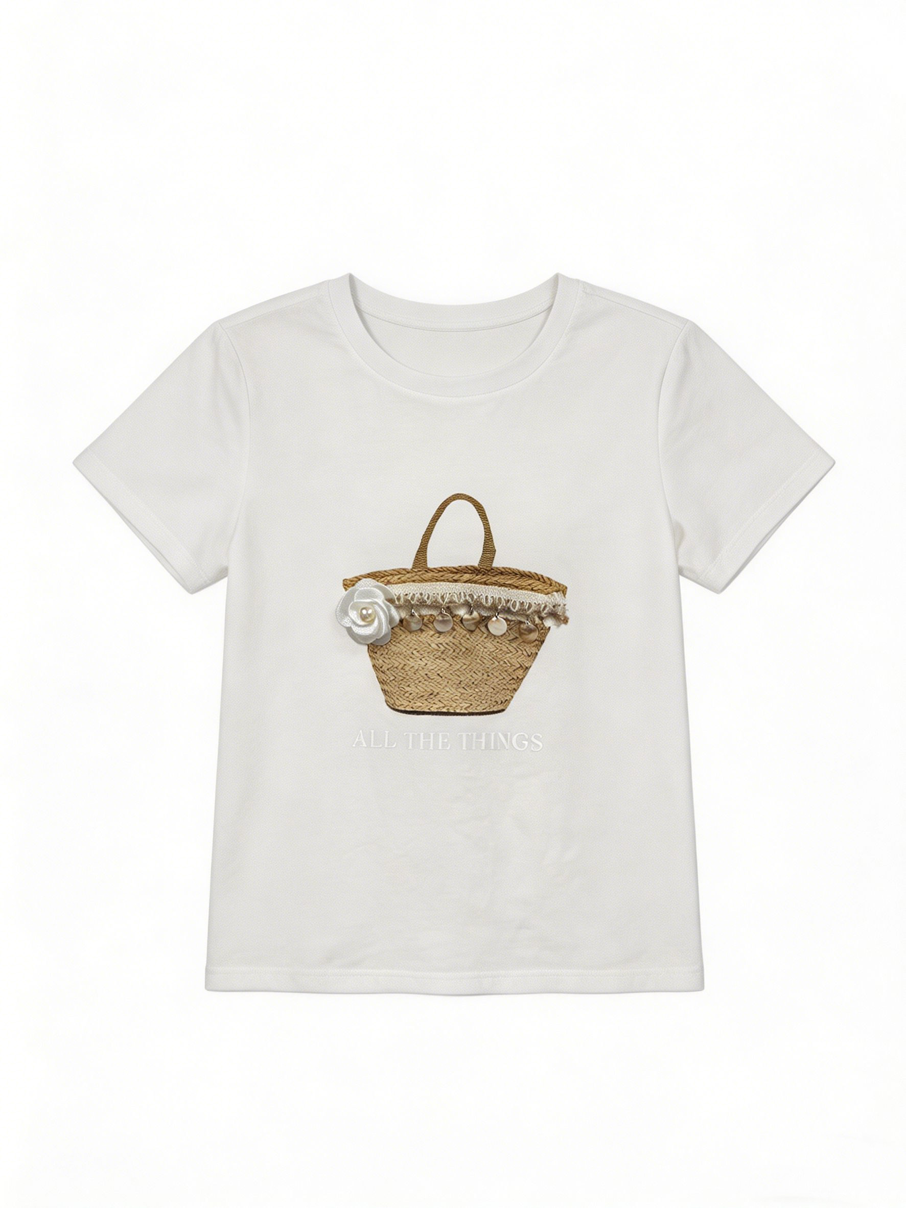 Women's Cute Straw Basket Embroidered Charm T-Shirt Casual Summer Blouse M-42129-10