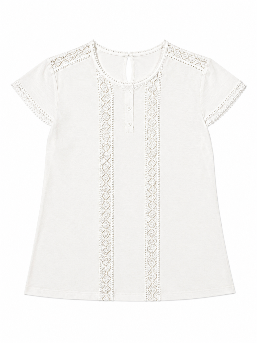 Women Cutwork‑Lace‑Panel Henley‑Neck T‑Shirt M-42816