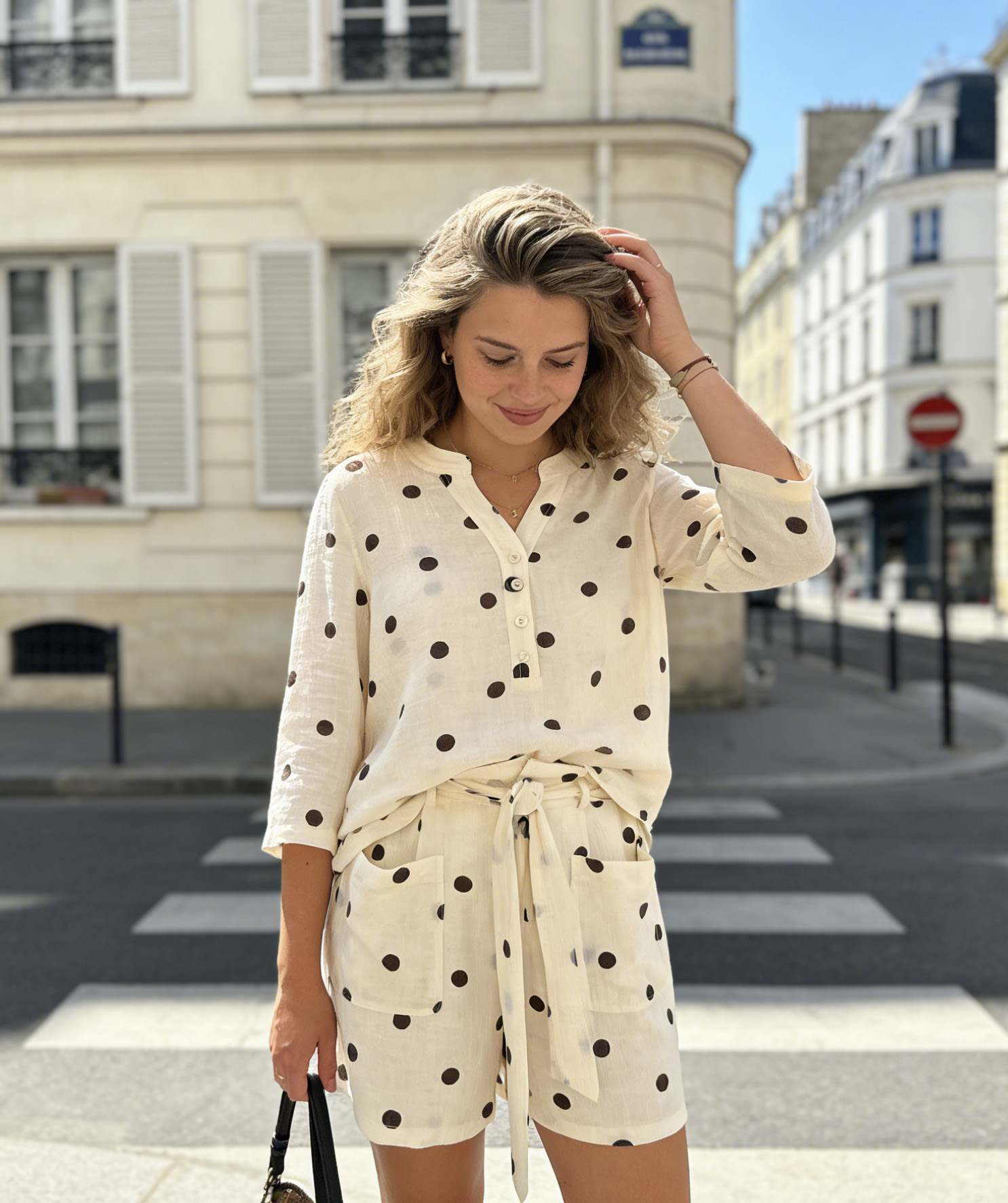 French Retro Polka Dot 2-Piece Set: Loose Shirt & Paperbag Shorts A-42105+A-42078