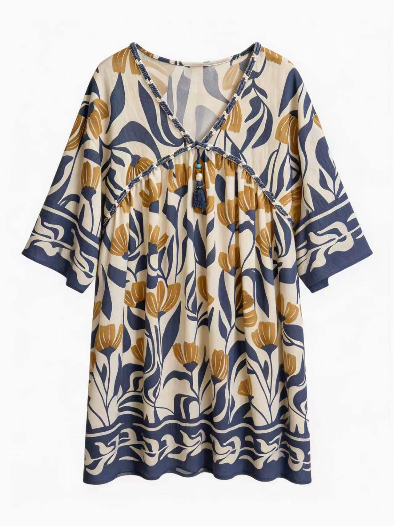 Women Boho Floral Tassel Tunic Blouse Resort Wear C-42531(AN-760006)