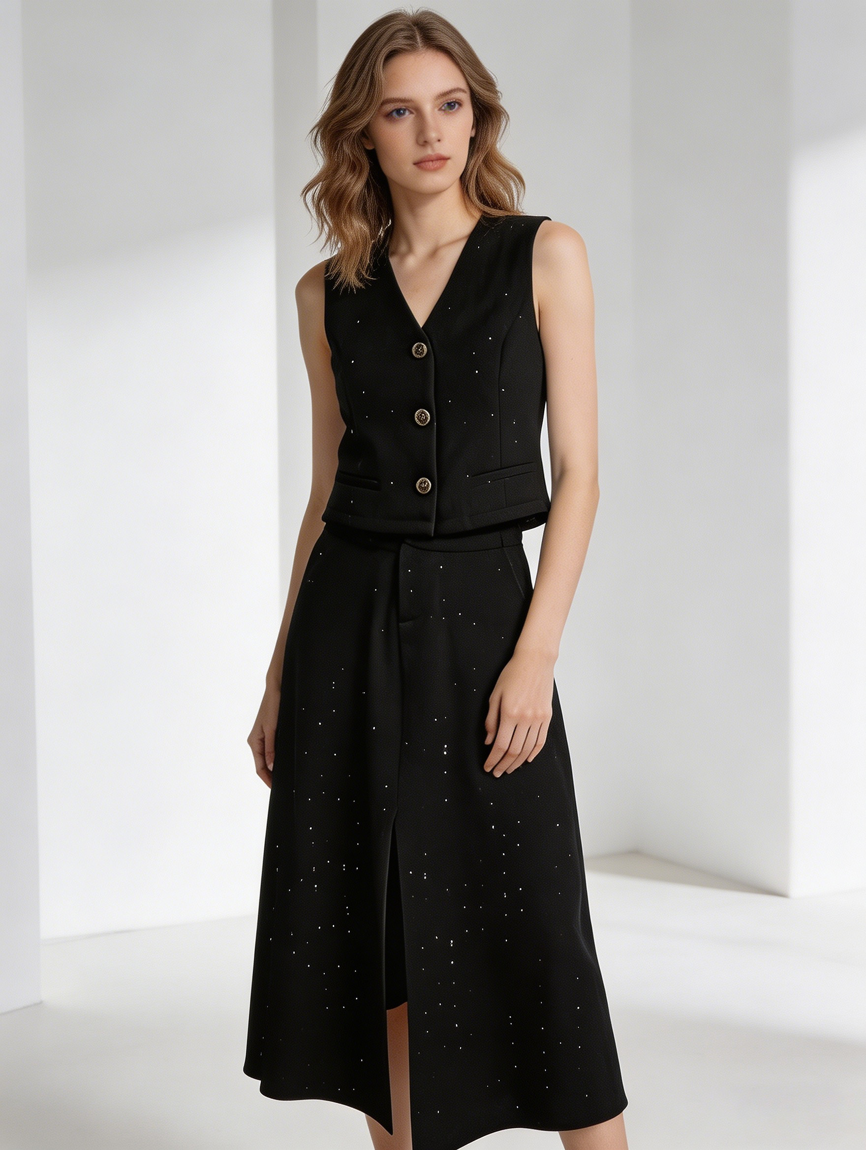 Vintage Chanel Style Cropped Waistcoat Trouser Suit Women Glitter Textured Fabric Set C-41405+C-41406