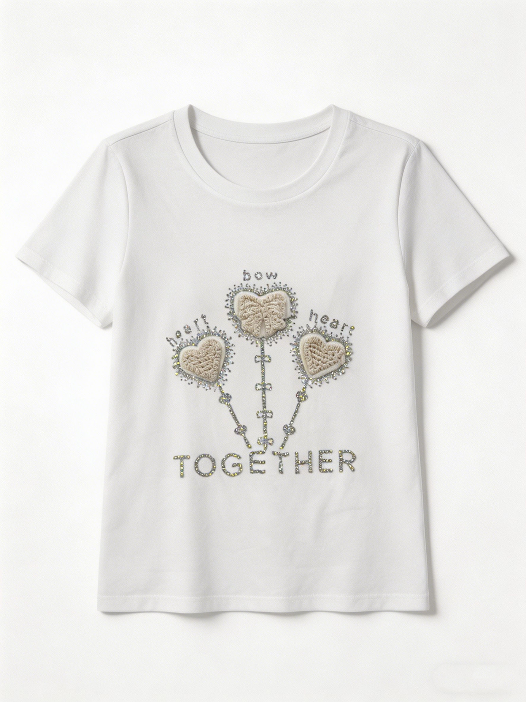 Women's Cute Rhinestone Heart Key Embellished Graphic T-Shirt Summer Top M-42130