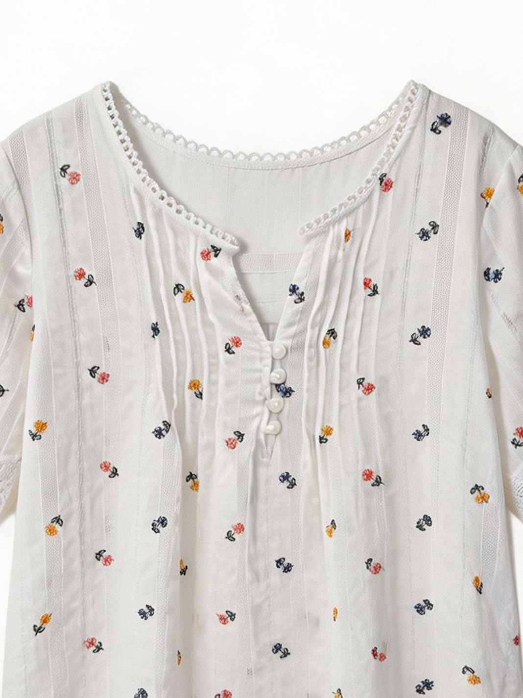 Minimalist White Floral Embroidered Lace Trim Top AN-750005