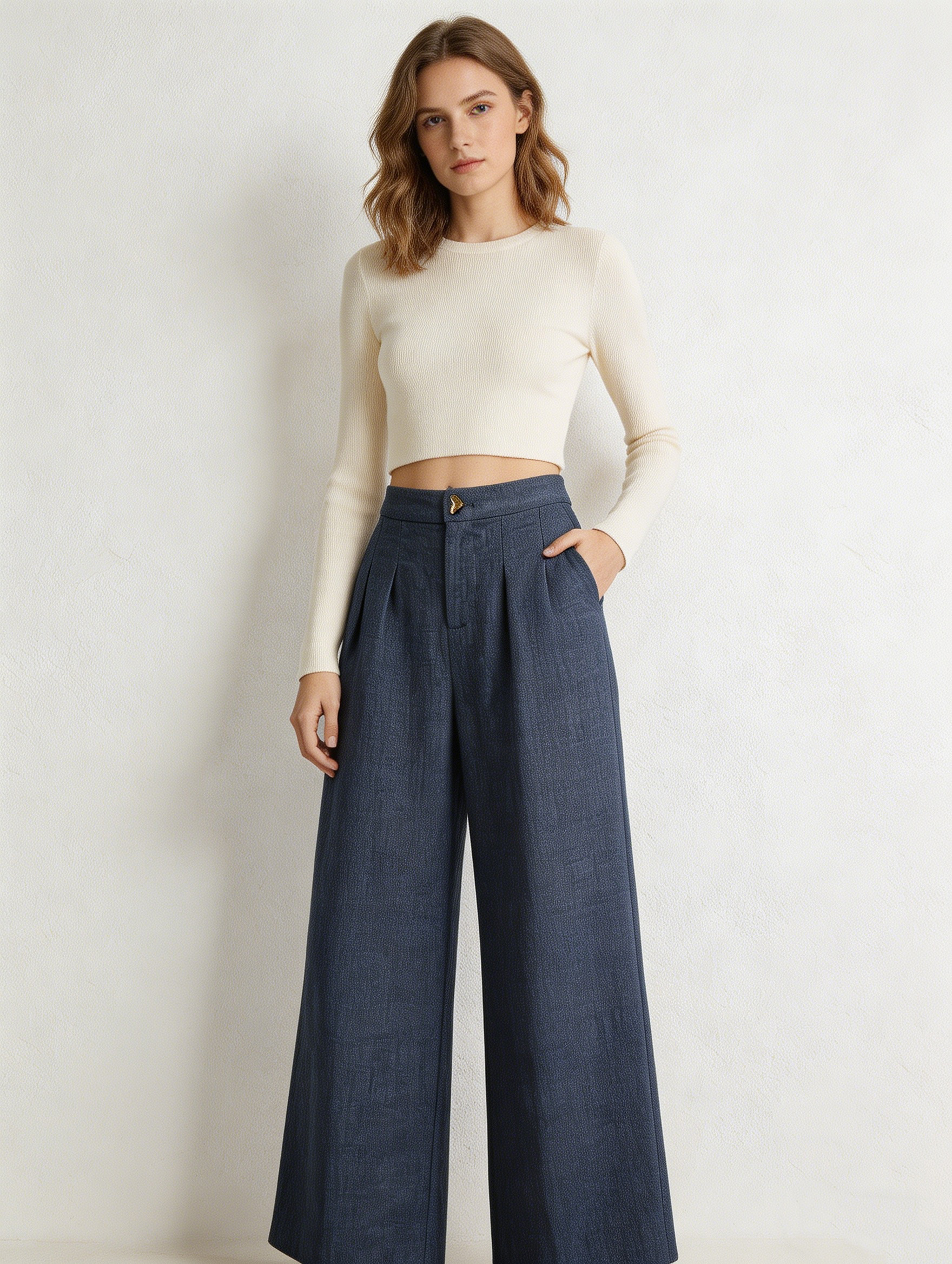 Elegant Blue Pleated Wide Leg Pants - Office Casual Trousers S-2544