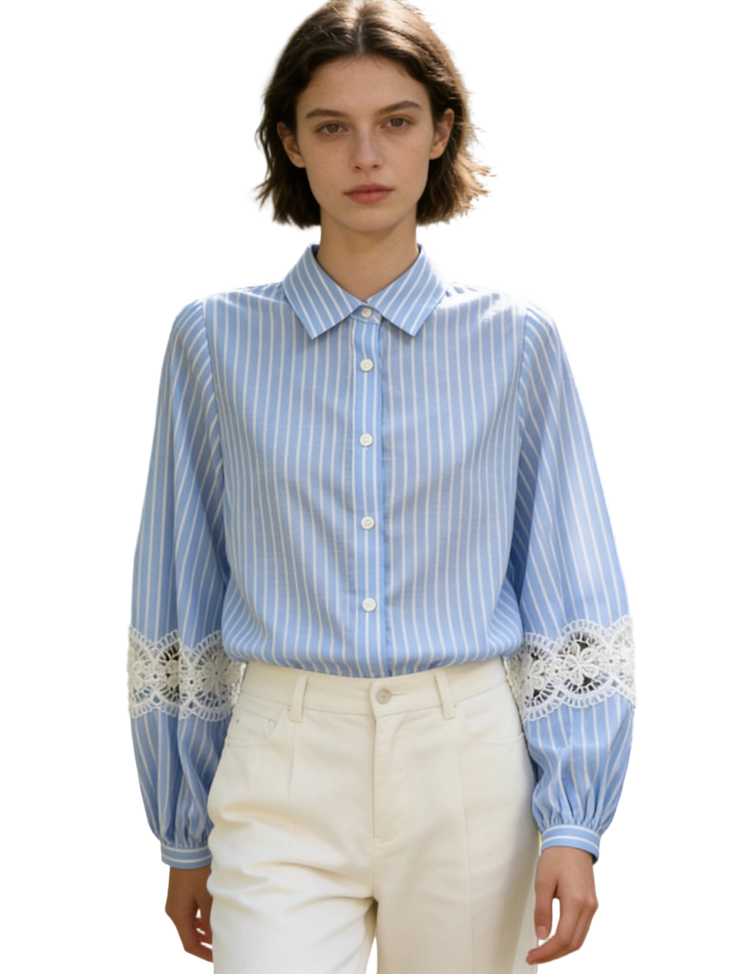 Women’s Striped Lace Sleeve Button Down Casual Blouse C-39756