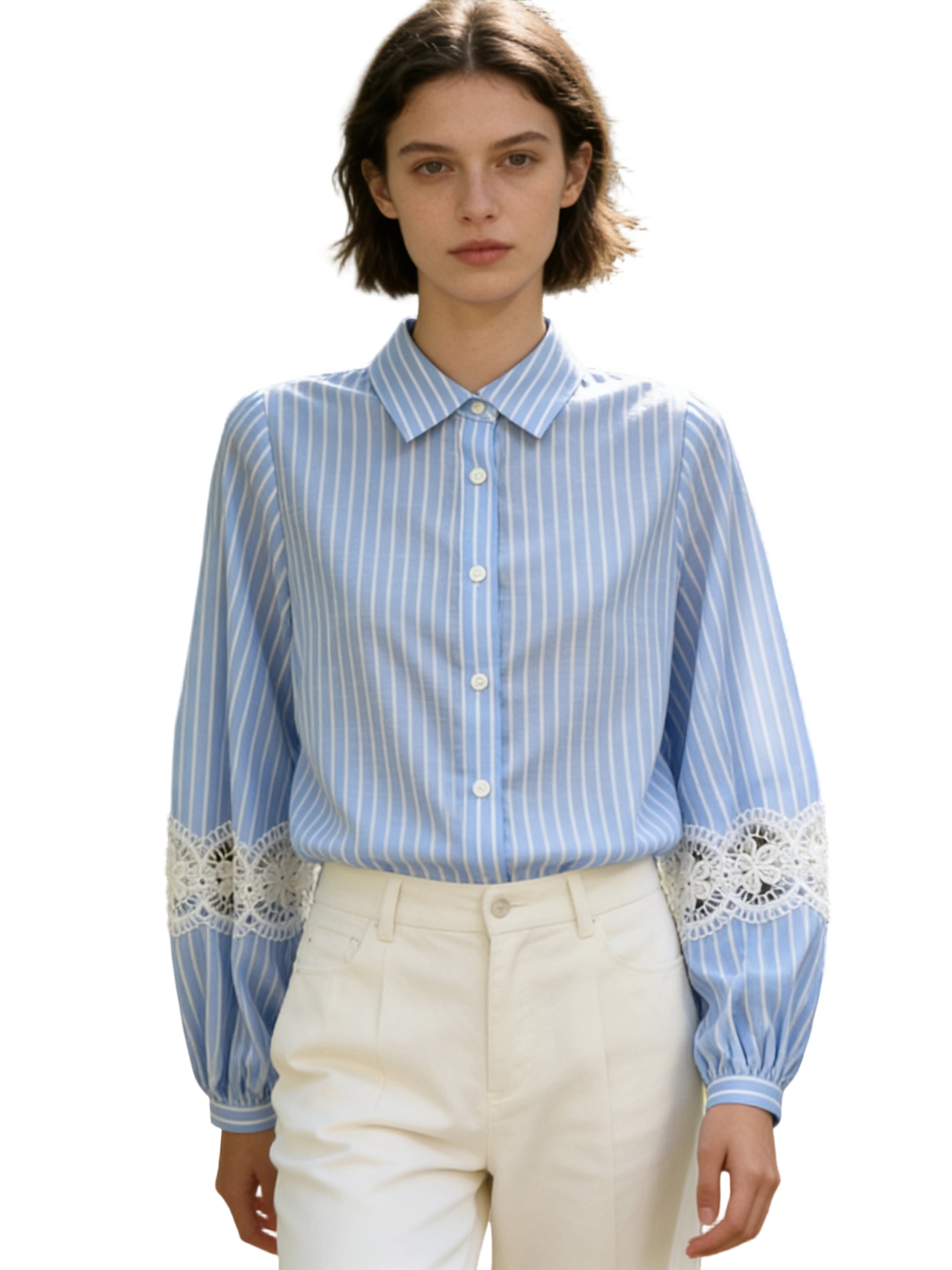 Women’s Striped Lace Sleeve Button Down Casual Blouse C-39756