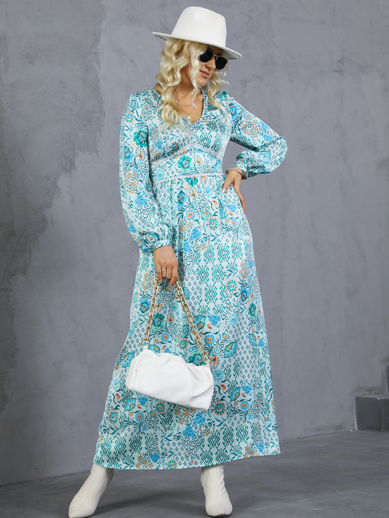 Women’s Boho Floral Print V Neck Lantern Sleeve Maxi Dress M-33082