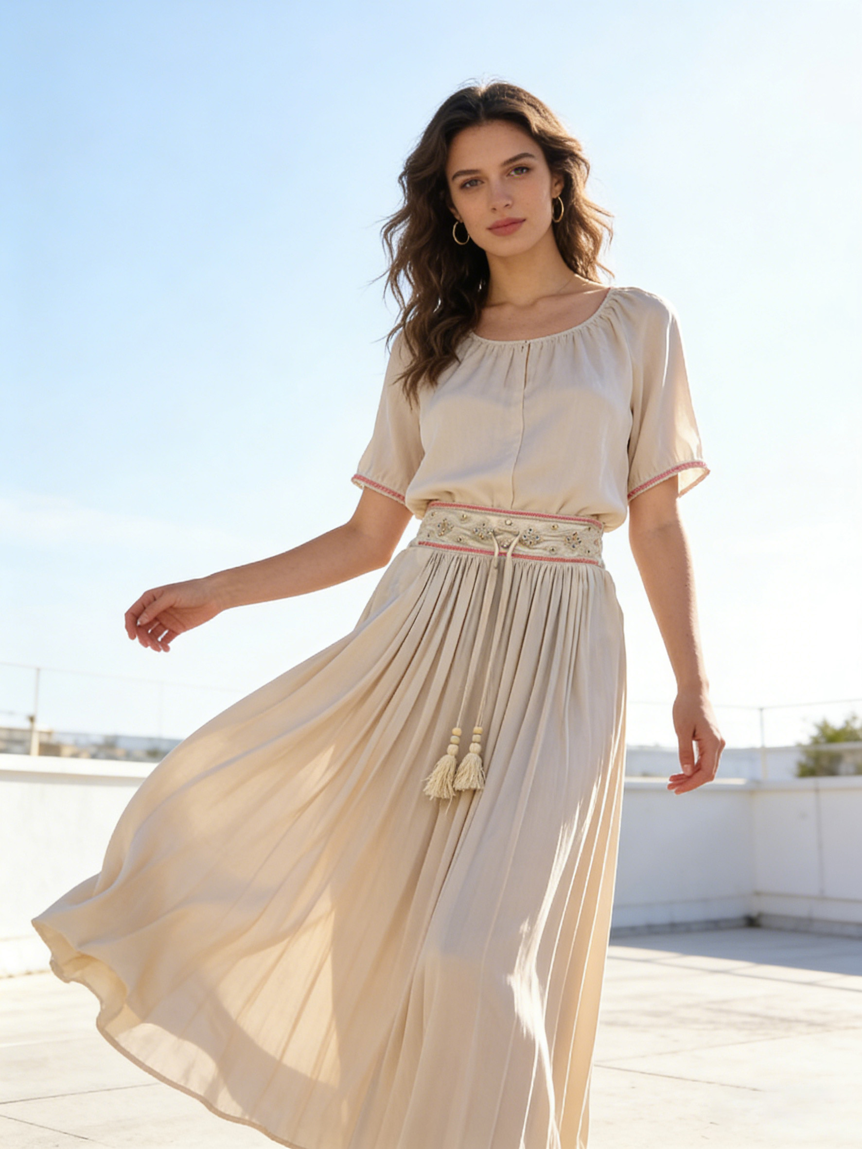Ethnic Style Embroidered Skirt - Beige High Waist Tassel Trim Boho Maxi Skirt  AW-R290026