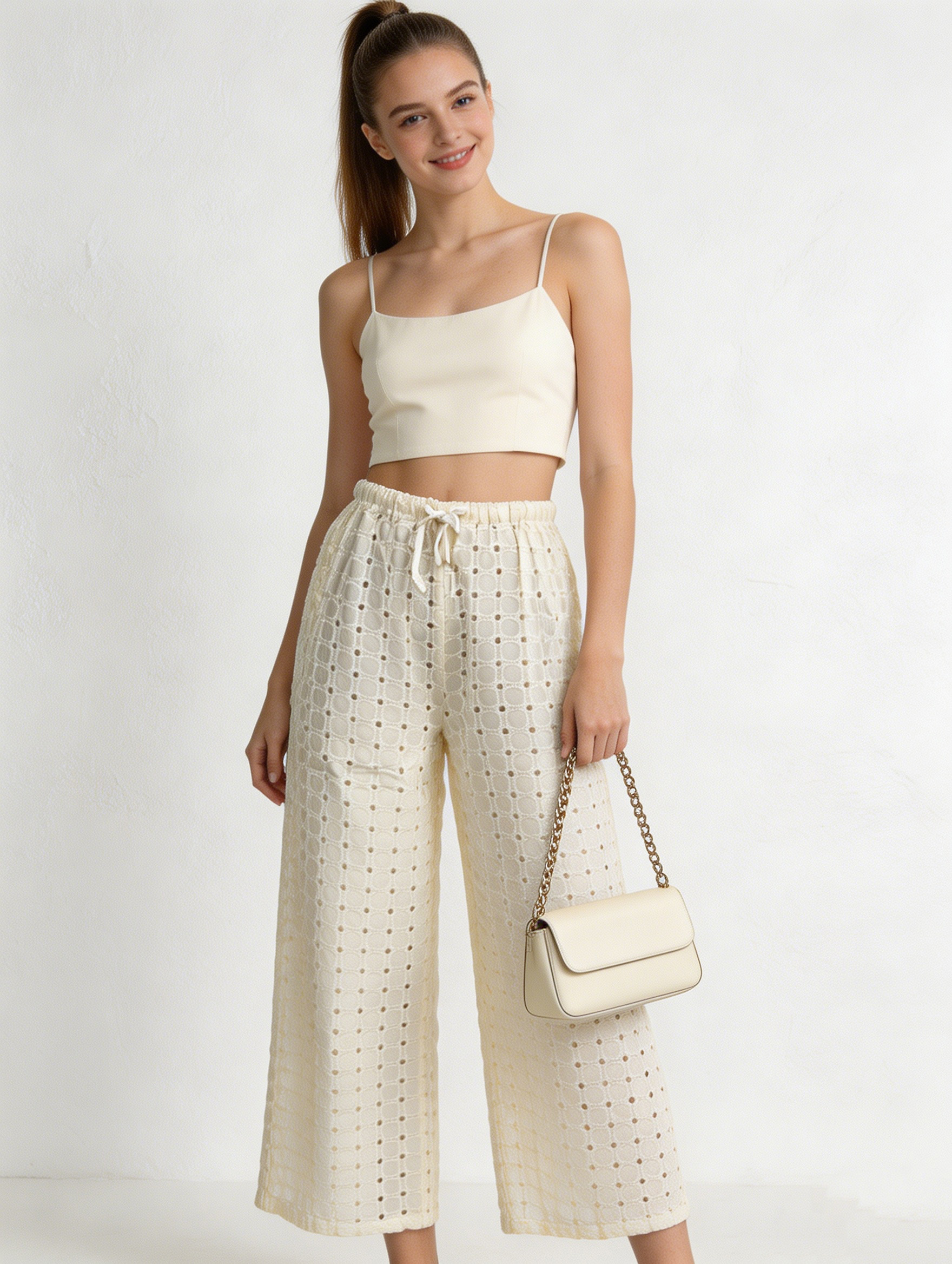 Women's Navy Geometric Circle Print Wide Leg Pants - Drawstring Waist Trousers  AN-710013