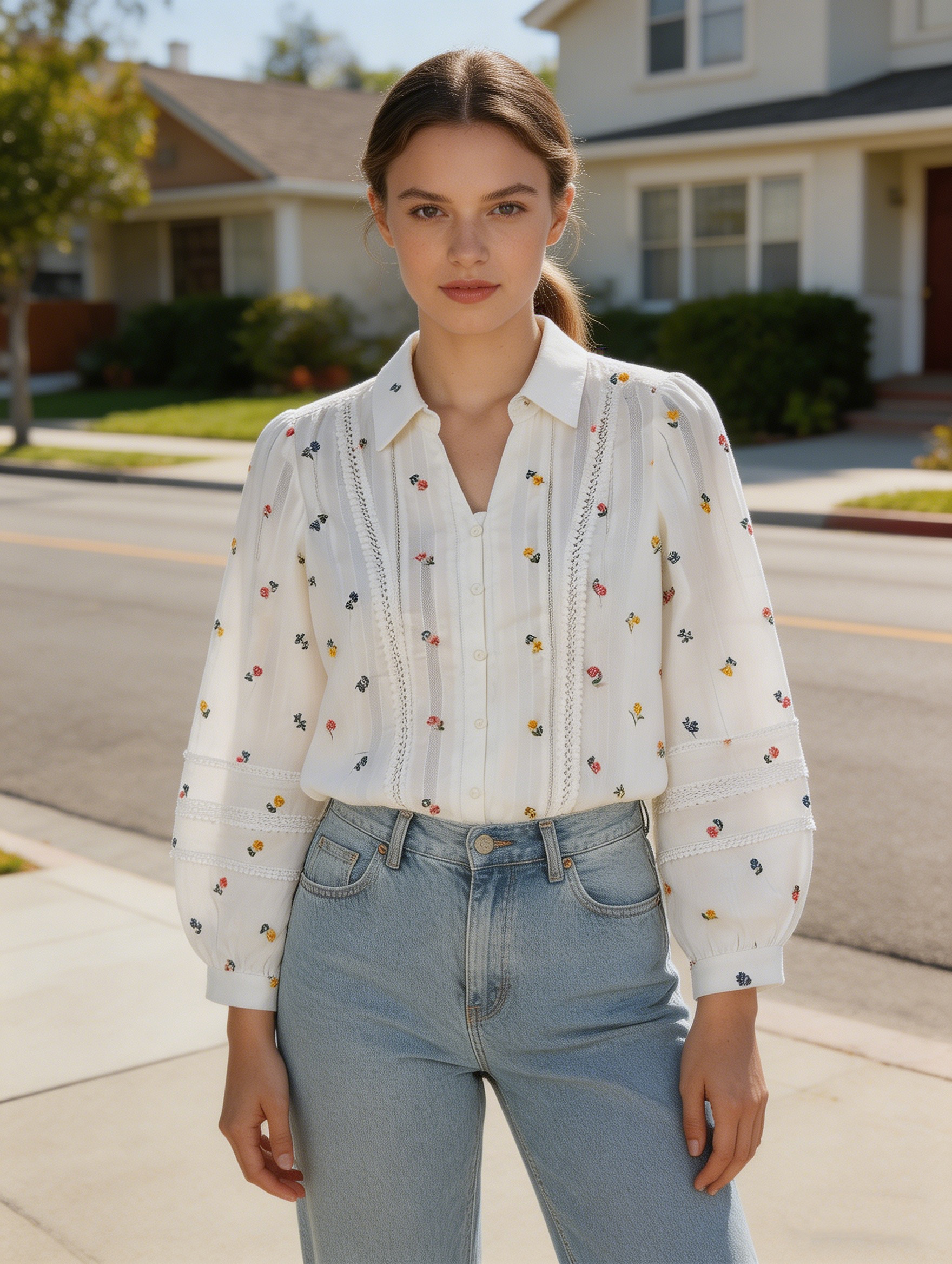 French Style White Floral Embroidered Shirt - Ruffle Sleeve Blouse  AN-710006