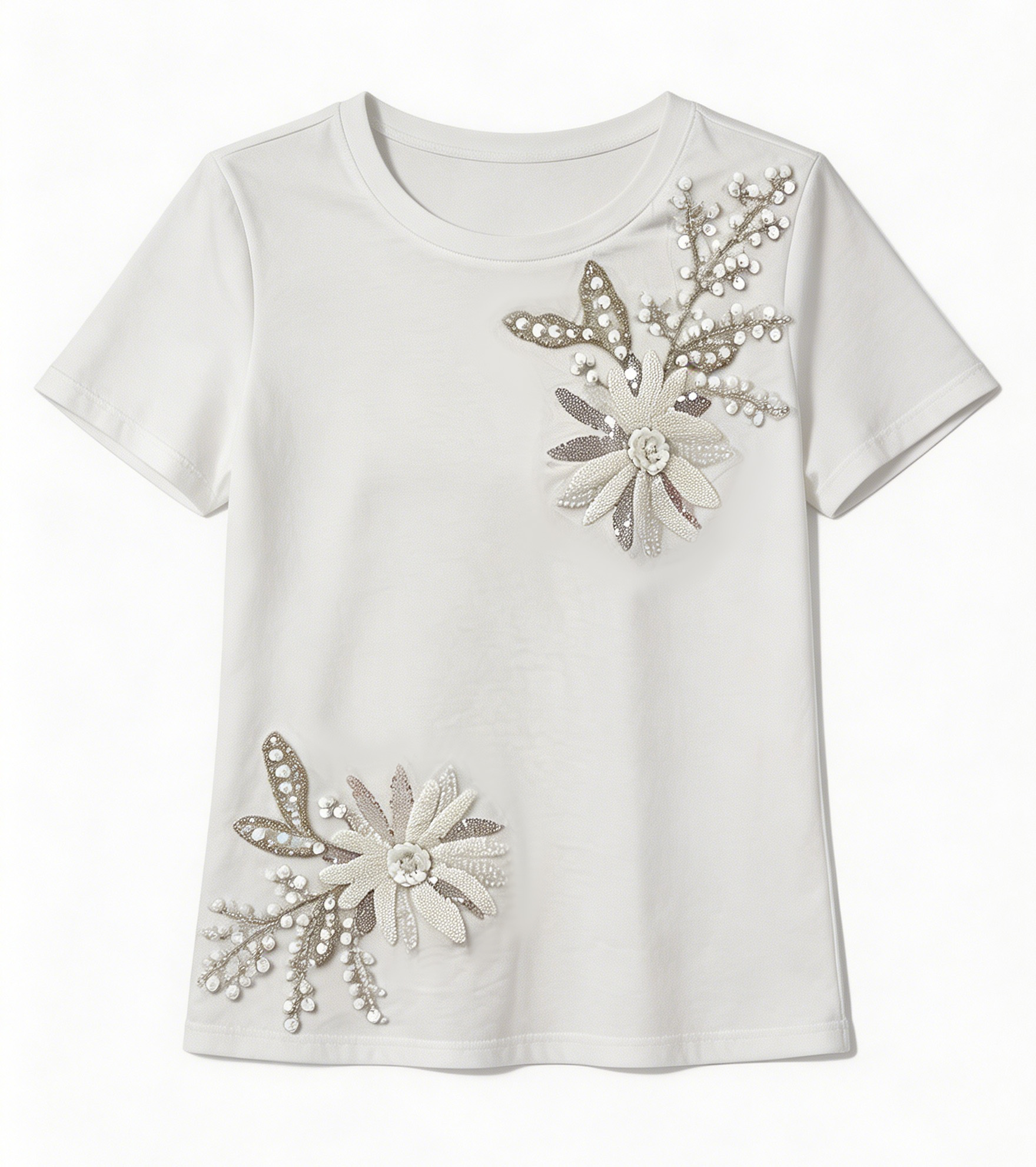 Women’s Embellished T Shirt – Floral Sequin Beaded Casual Summer Top M-42130-5