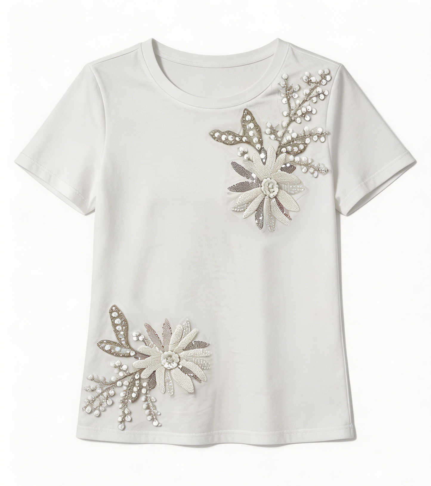 Women’s Embellished T Shirt – Floral Sequin Beaded Casual Summer Top M-42130-5