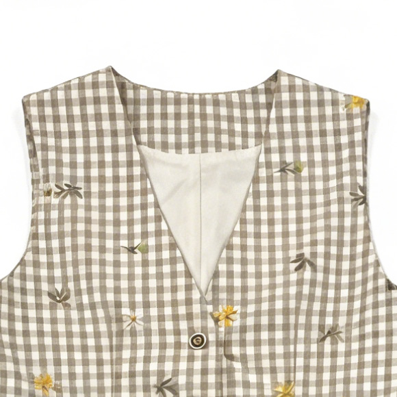 Women’s Gingham Floral Embroidered Vest & Wide Leg Pants Two Piece Set A-42383+A-42384
