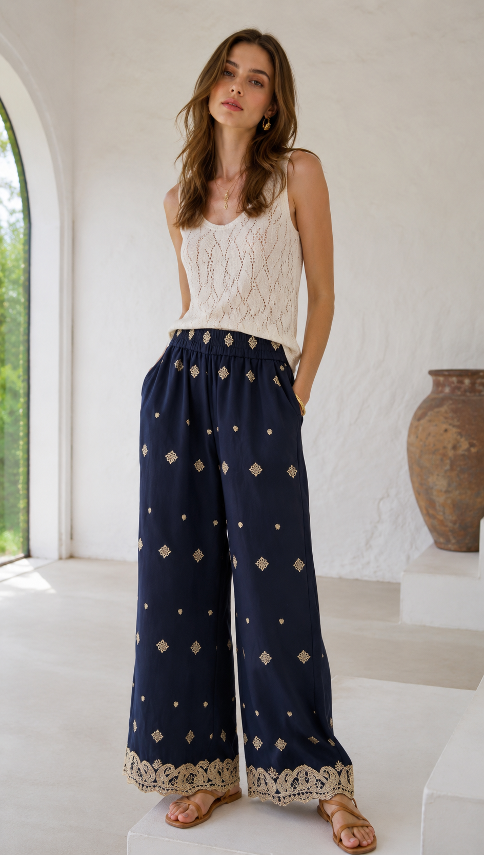 Minimalist High-Waisted Embroidered Wide-Leg Trousers AN-710002