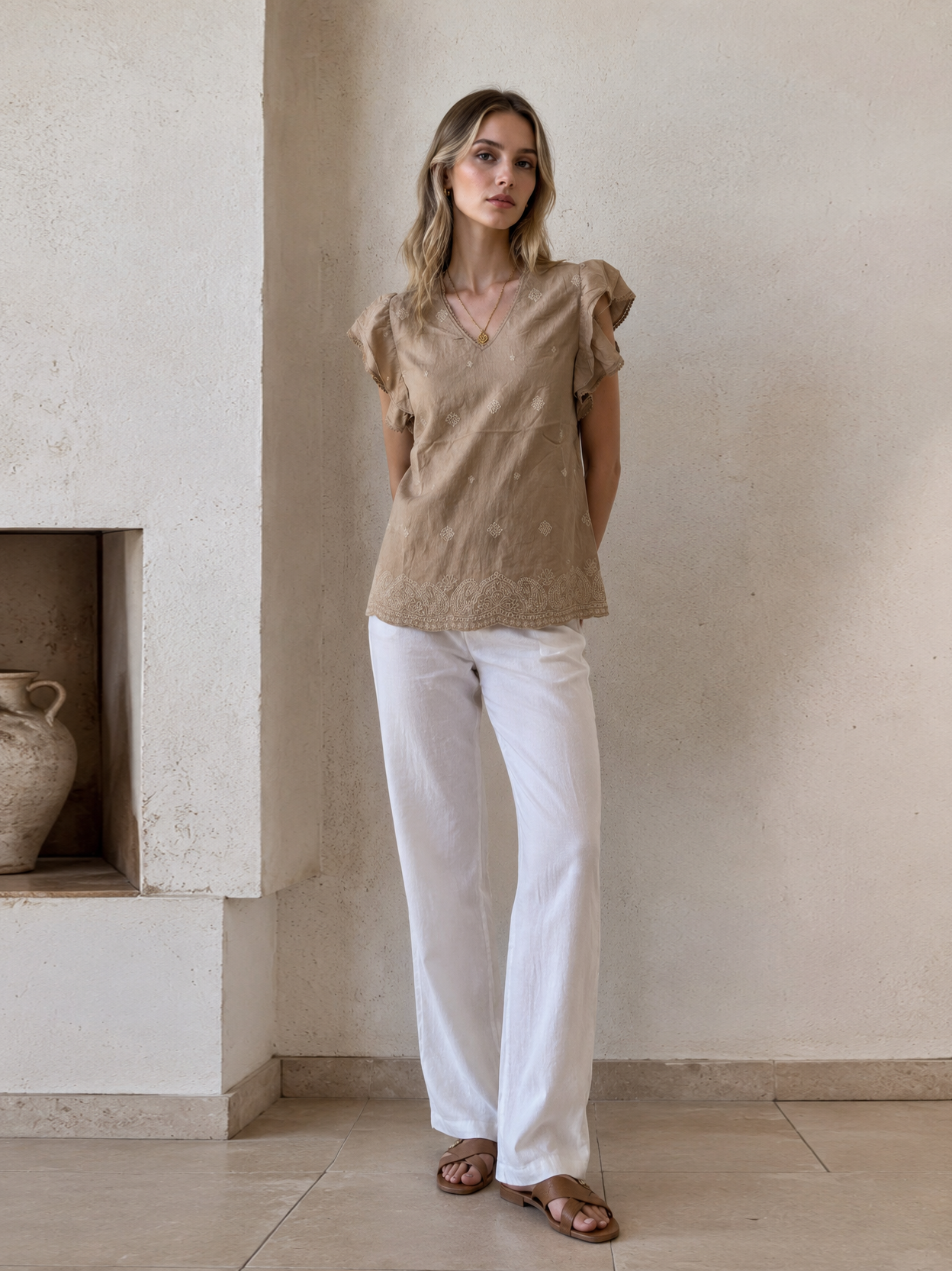 Linen-Blend Embroidered Blouse with Ruffled Sleeves AN-710001