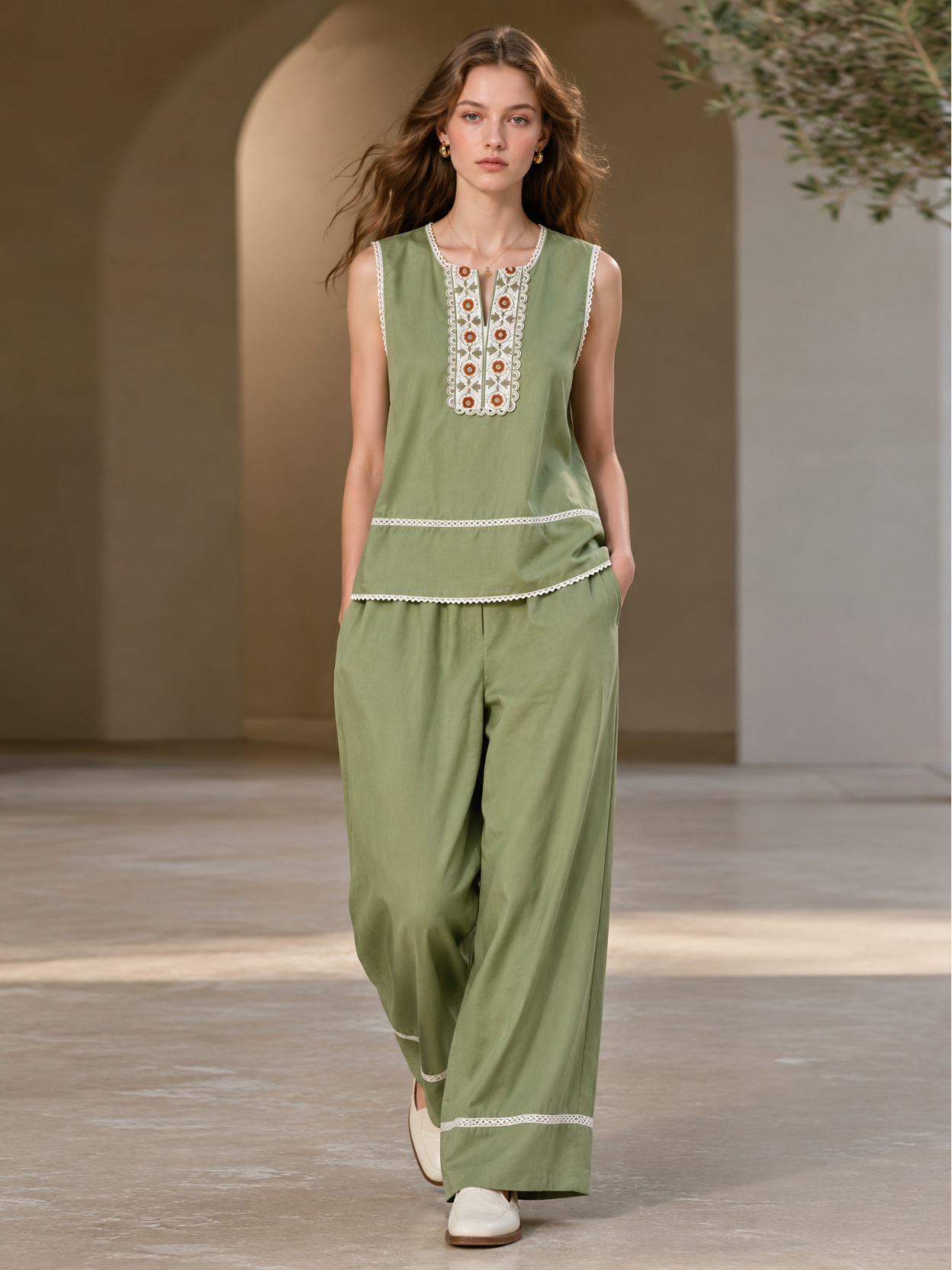Linen-Blend Embroidered Two-Piece Set AN-750014