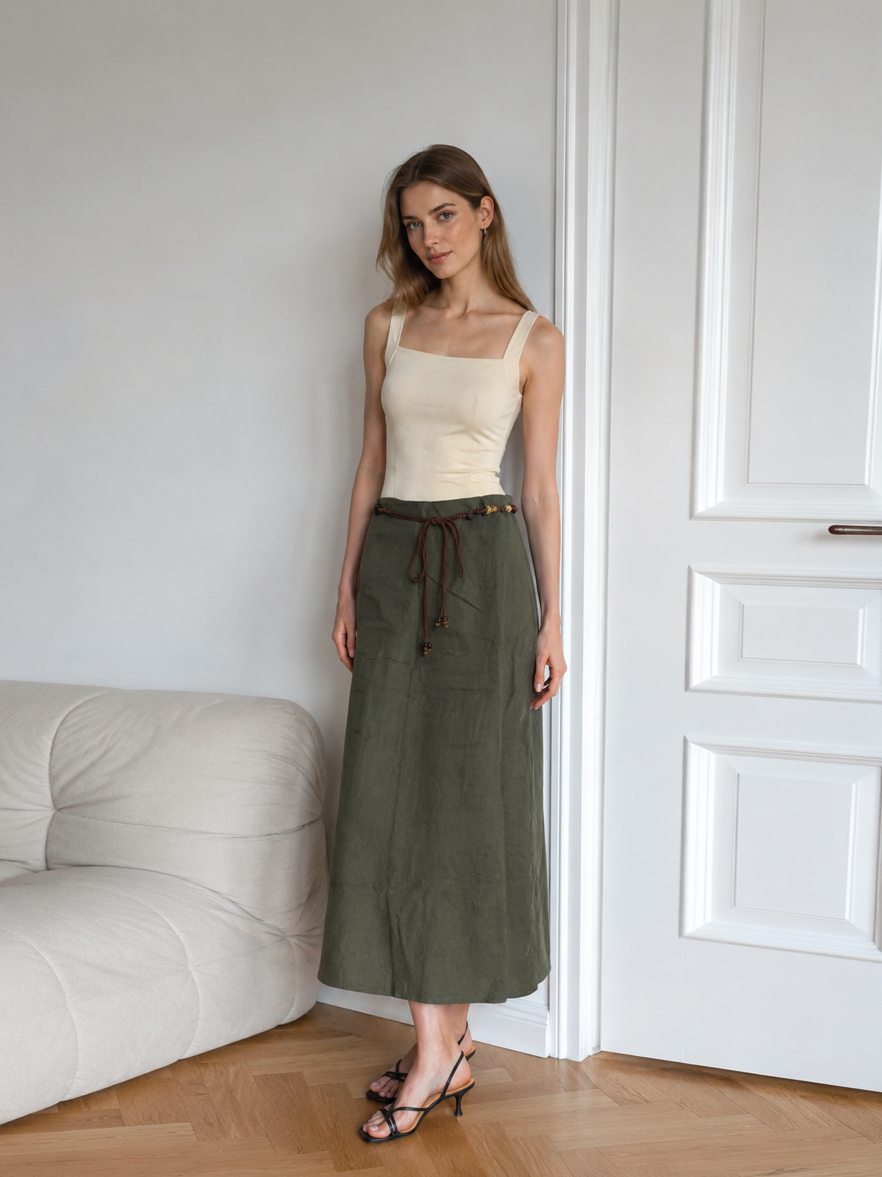 Linen-Blend A-Line Skirt with Beaded Belt AN-620050