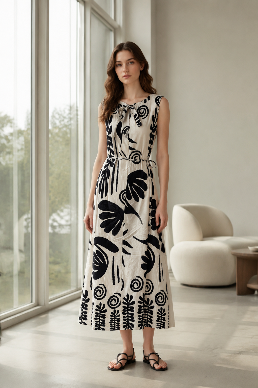 Women’s Boho Tropical Leaf Print Sleeveless Maxi Dress with Pom Pom Trim 2550
