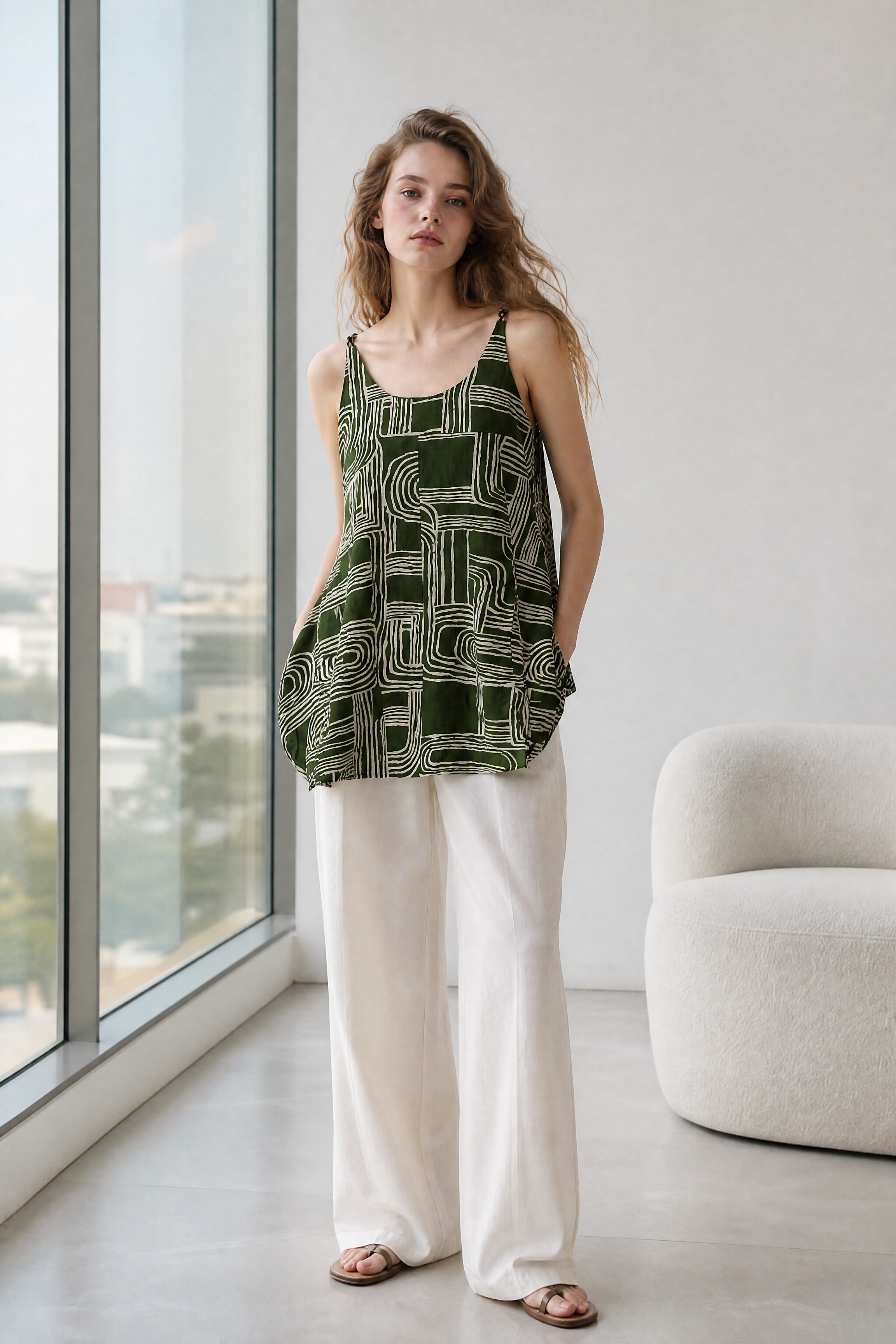 Women’s Geometric Print Spaghetti Strap Cami Top with Ruffle Hem 28011