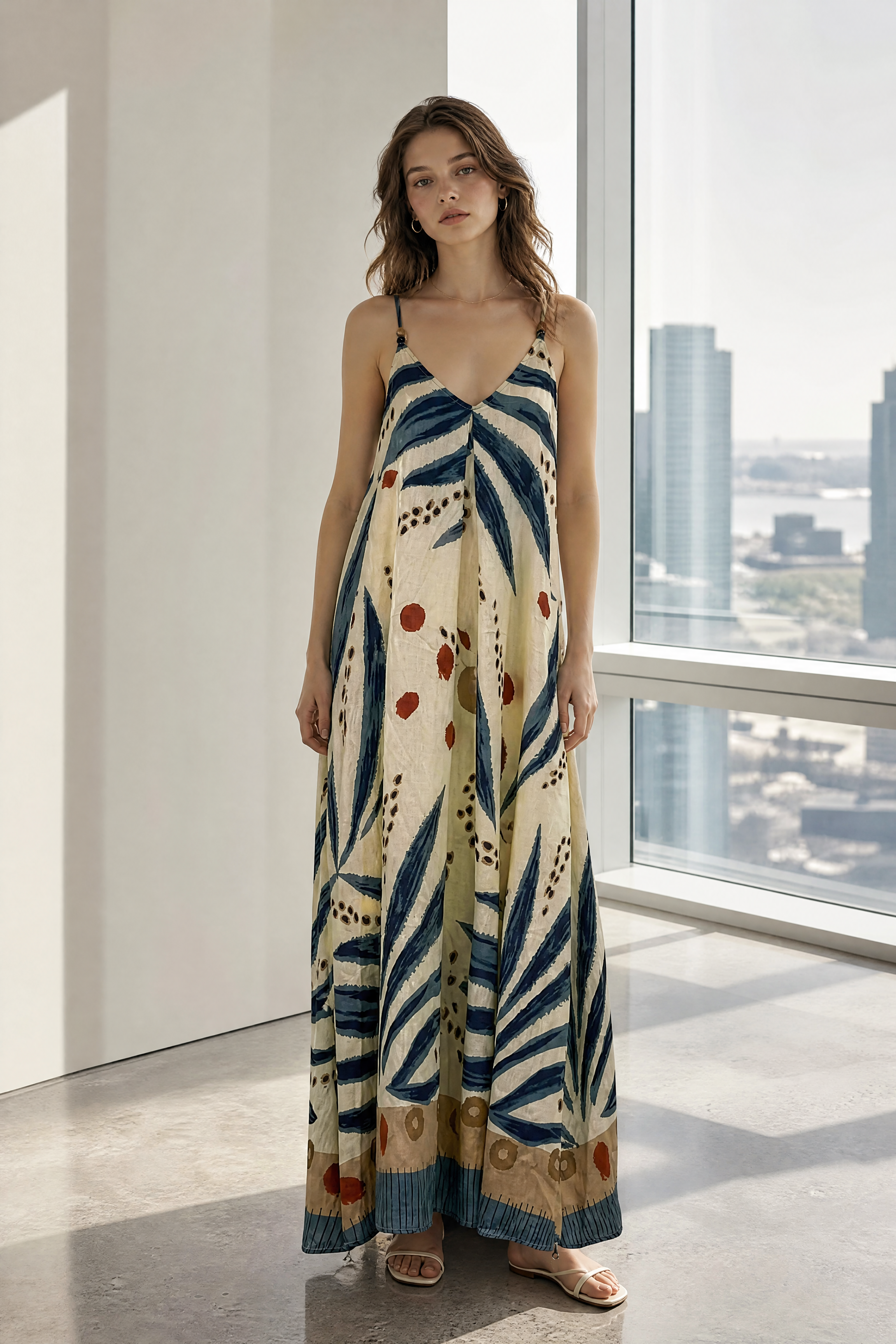 Women’s Tropical Leaf Print Halter Maxi Dress with Pom Pom Trim 2882-2