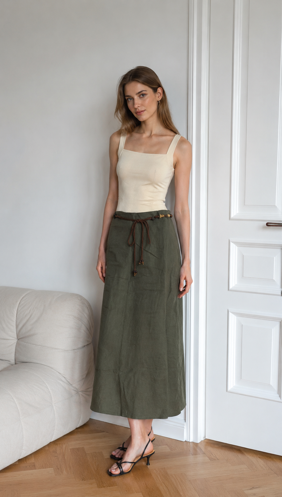 Linen-Blend A-Line Skirt with Beaded Belt AN-620050