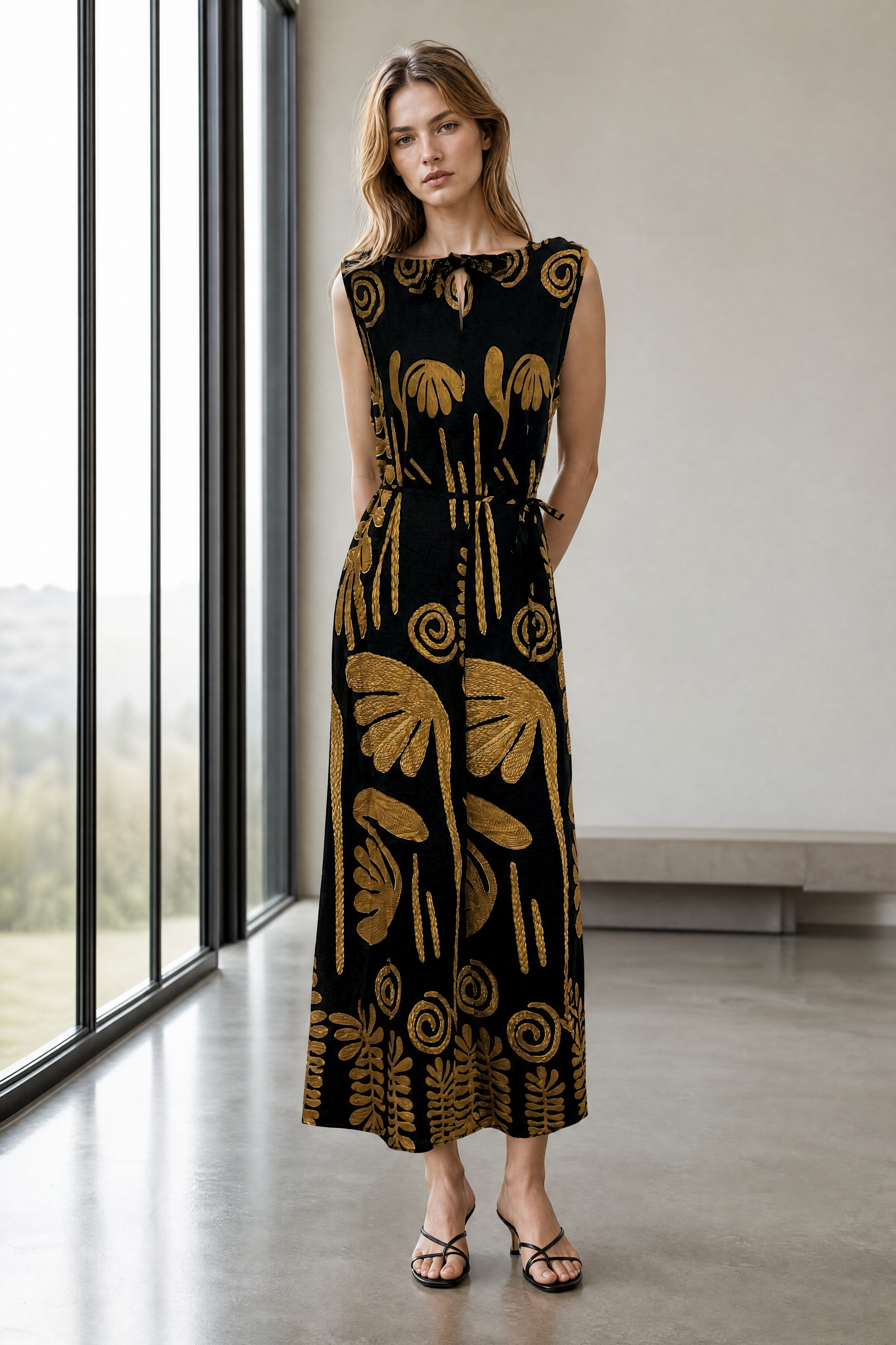 Women’s Black Floral Print Sleeveless Maxi Dress with Belted Waist