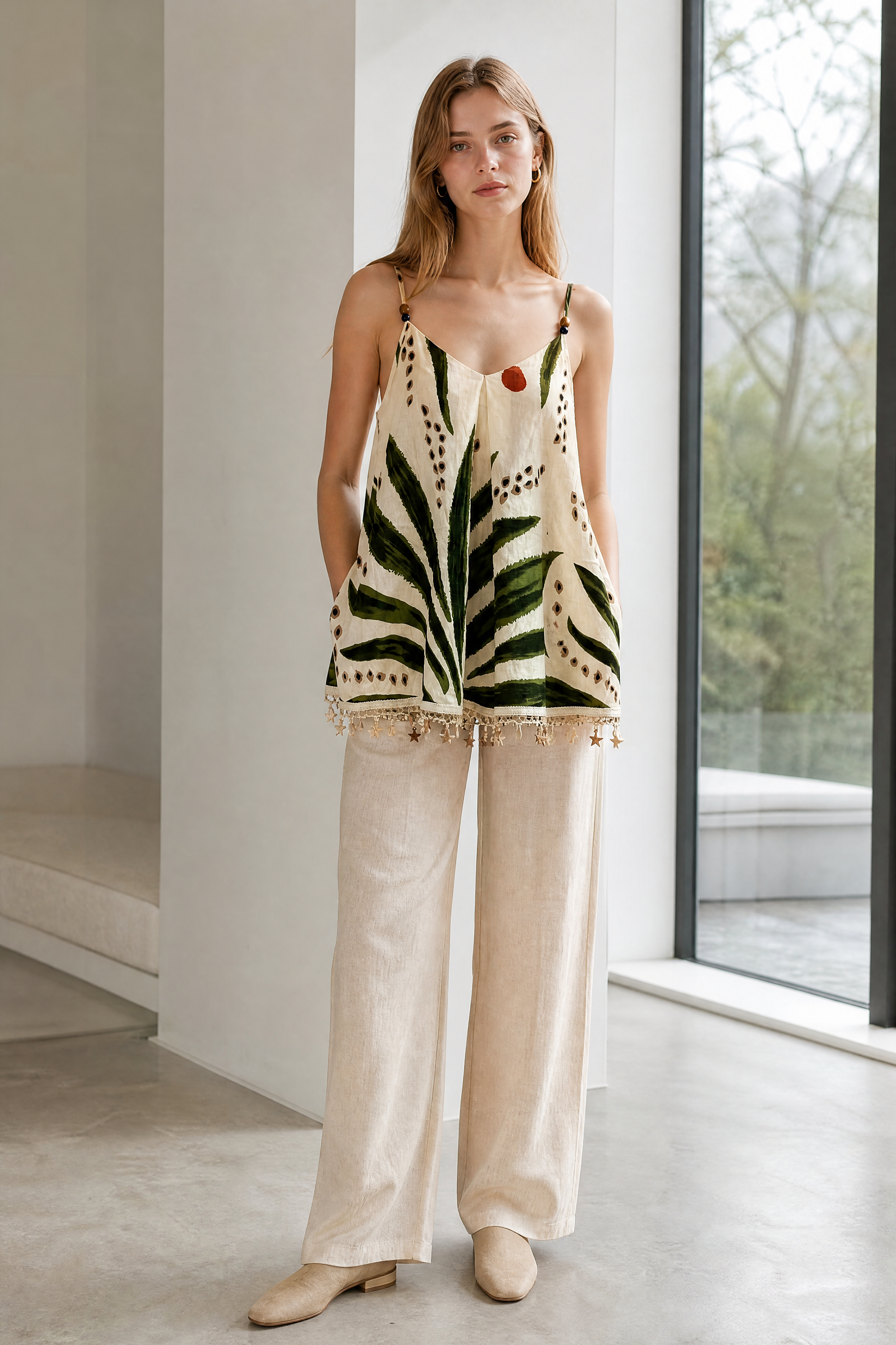 Women’s Tropical Leaf Print Spaghetti Strap Cami Top with Pom Pom Trim 2882-3