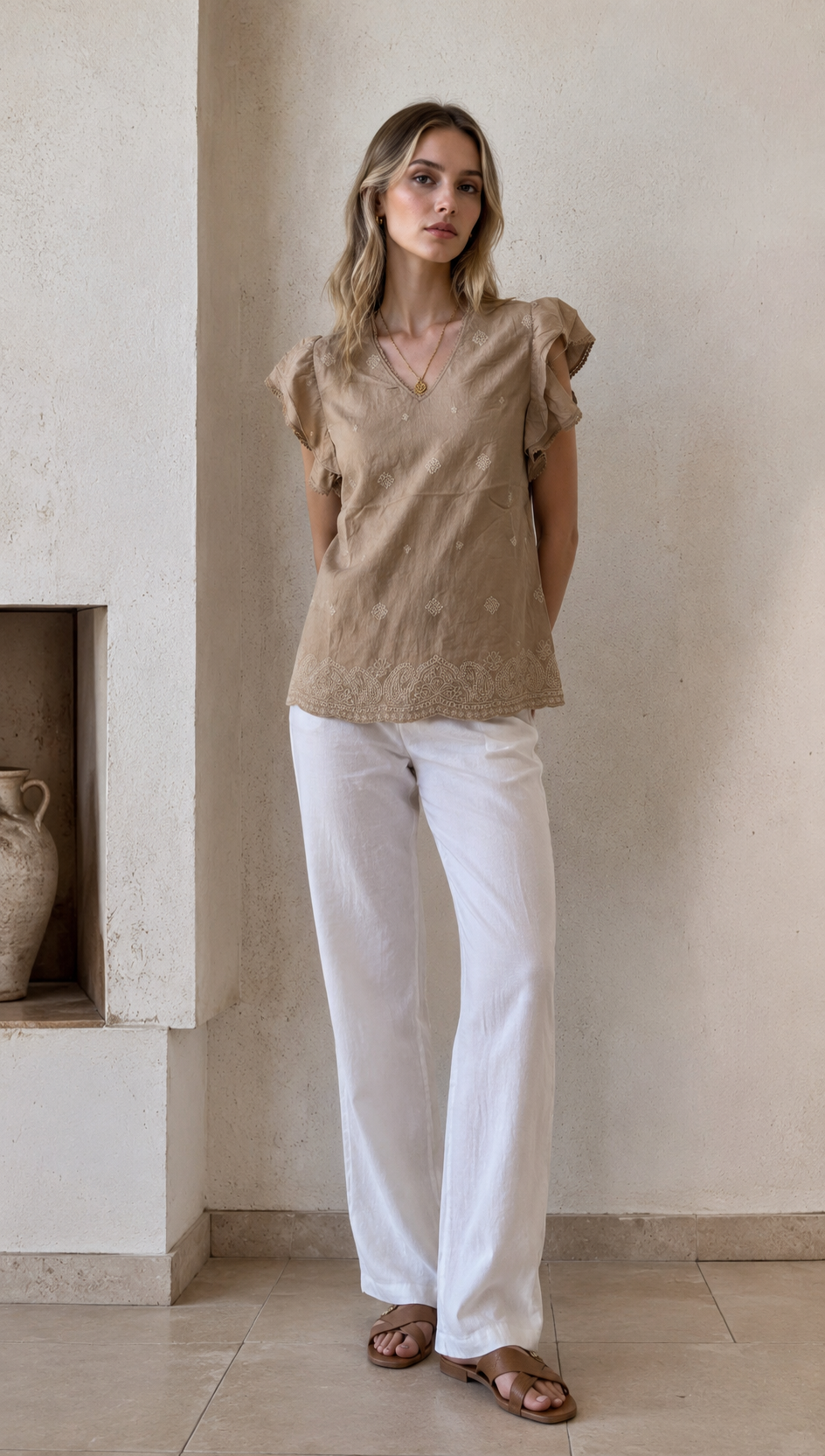 Linen-Blend Embroidered Blouse with Ruffled Sleeves AN-710001