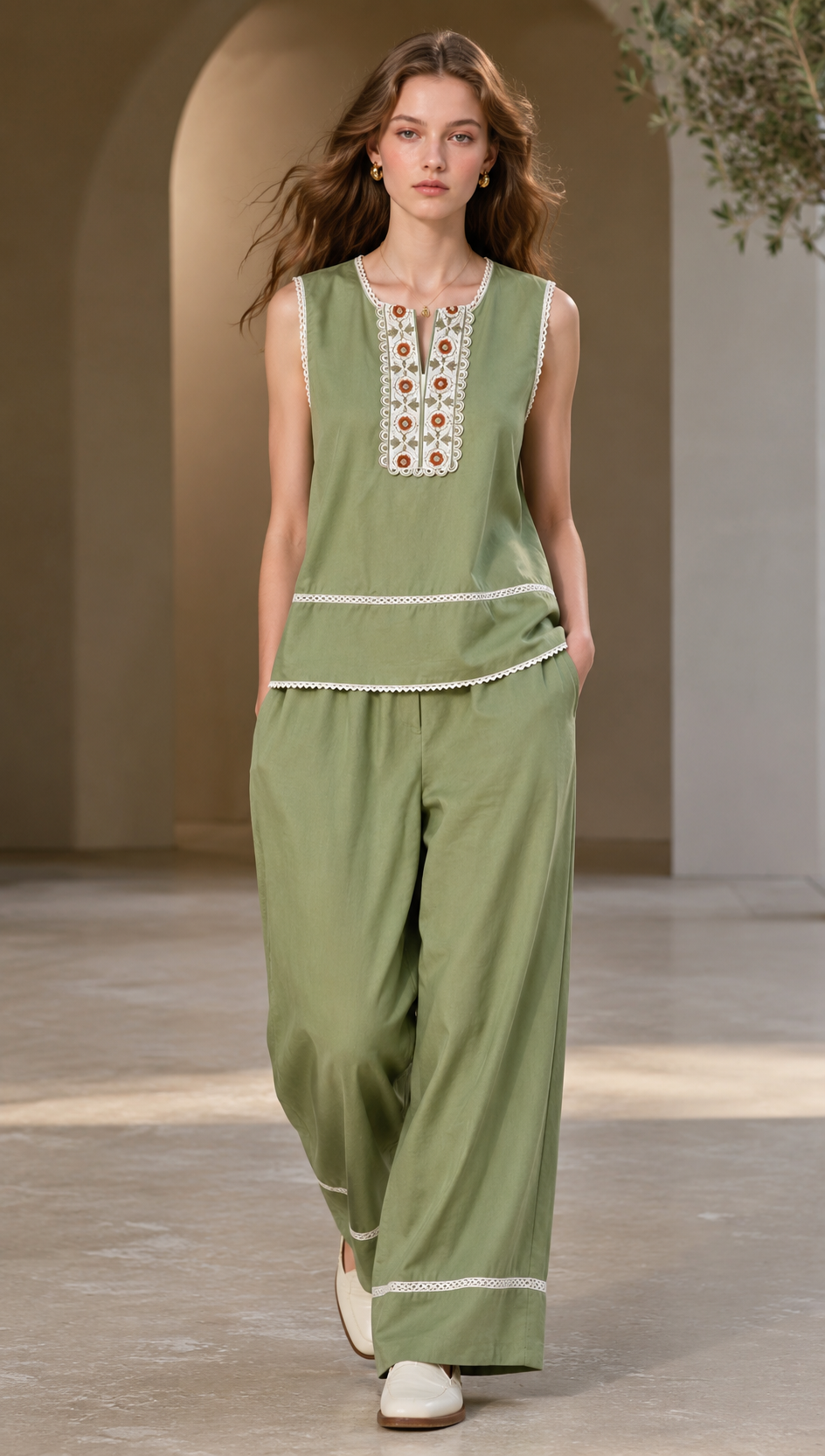 Linen-Blend Embroidered Two-Piece Set AN-750014