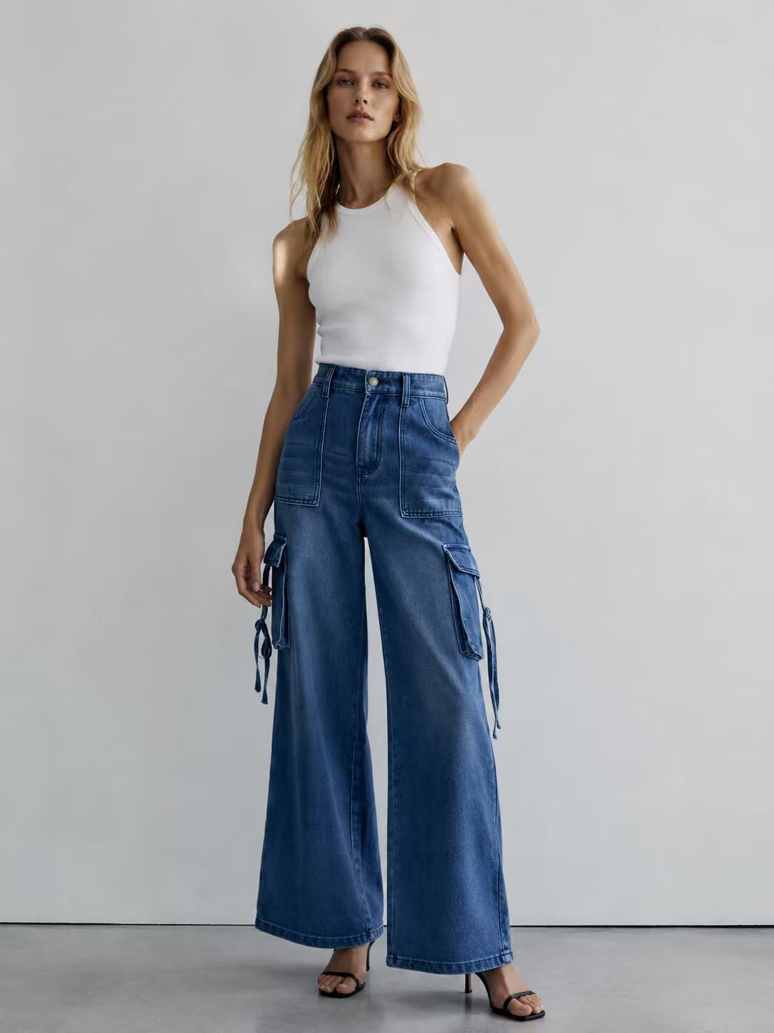 Mid Wash High Waisted Wide Leg Cargo Jeans with Side Pockets ZY6039