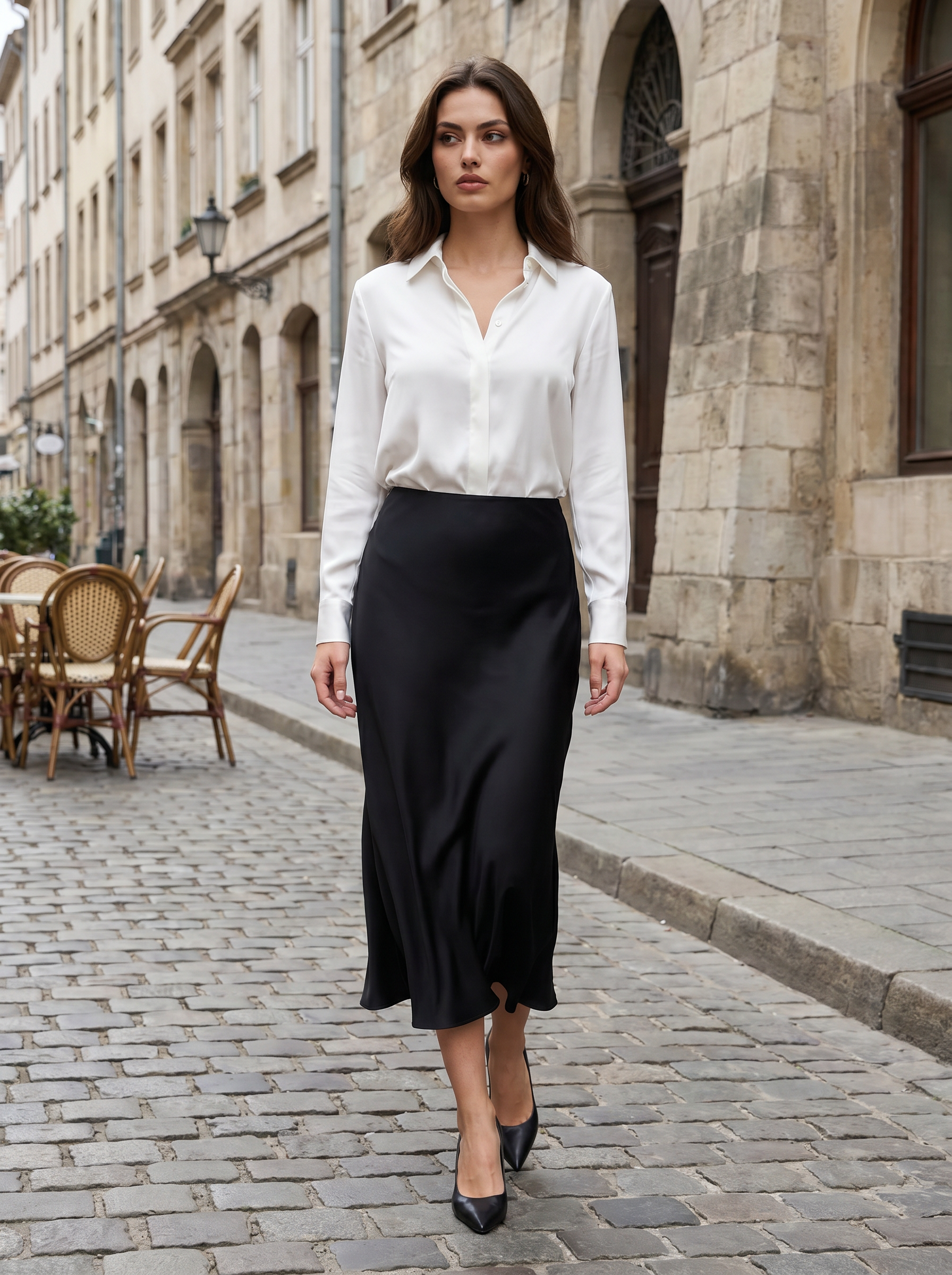 Elegant  Satin Office Skirt - Side Slit Tailored Midi Skirt  AN-710014
