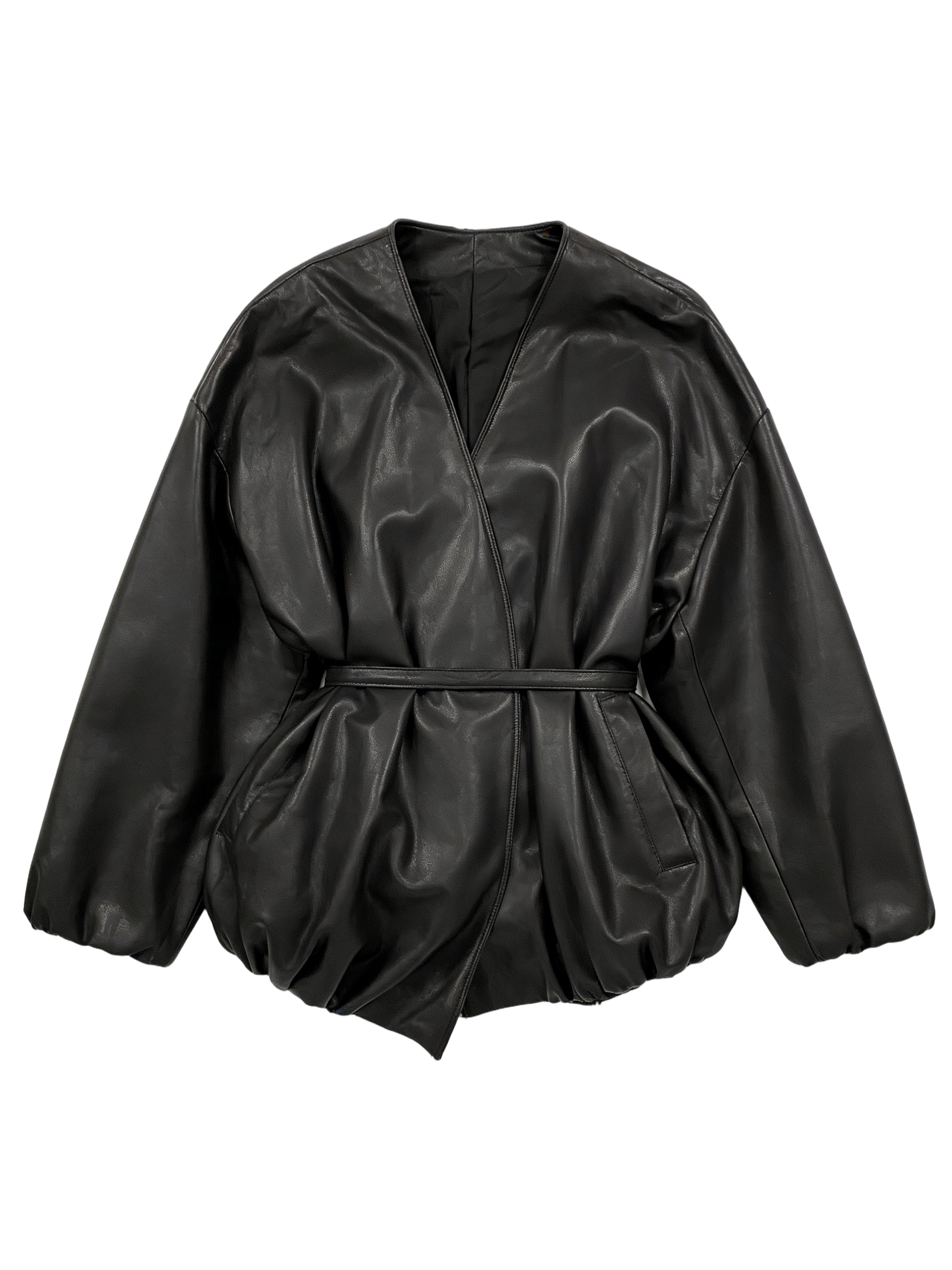 Contemporary Vegan Leather Wrapped Jacket with Balloon Hem 27508