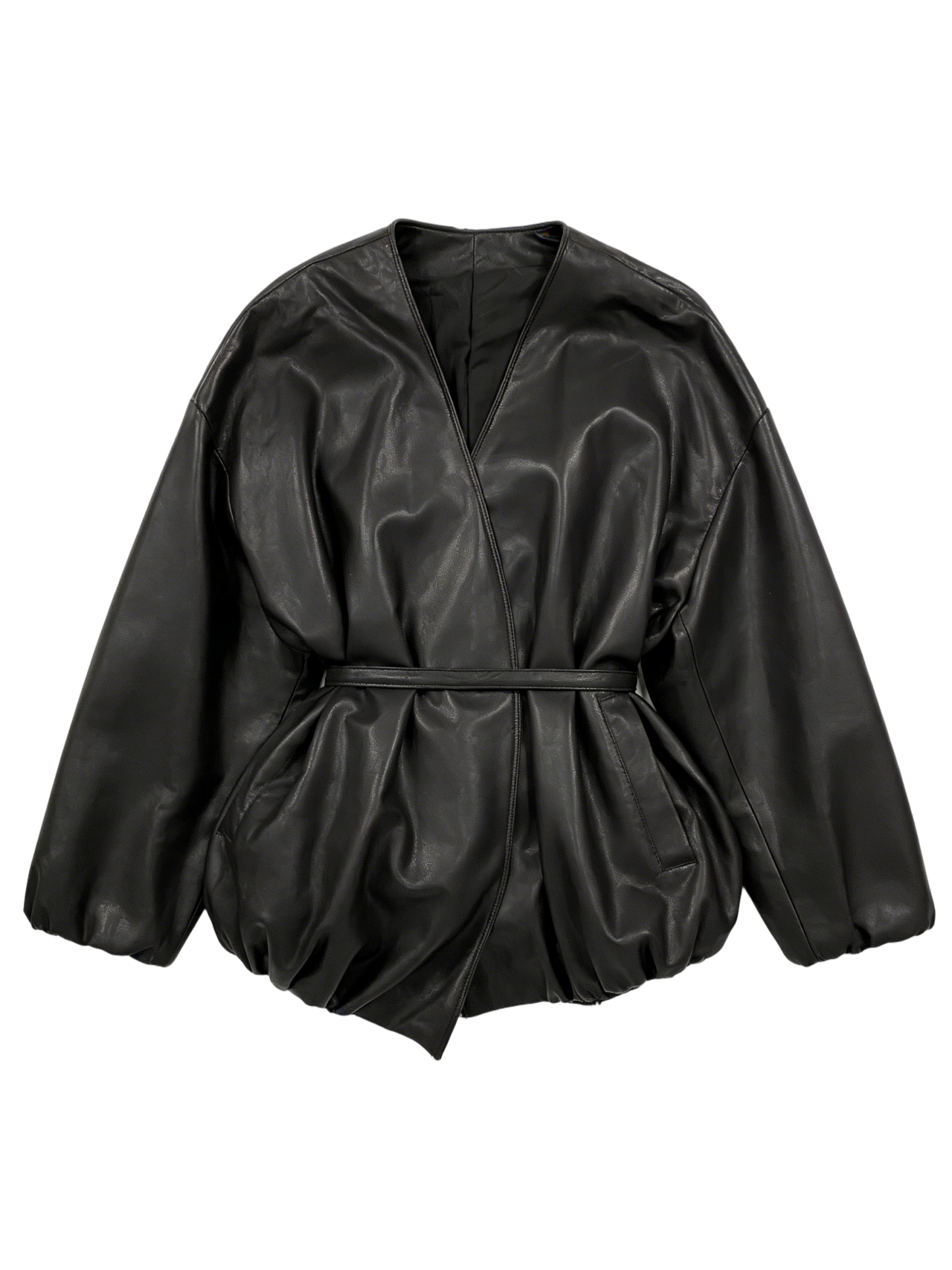 Contemporary Vegan Leather Wrapped Jacket with Balloon Hem 27508