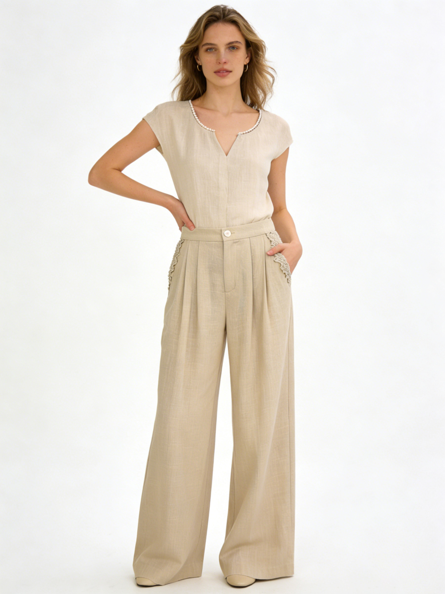 Women’s High Waist Linen Wide Leg Pants with Lace Trim M-42294