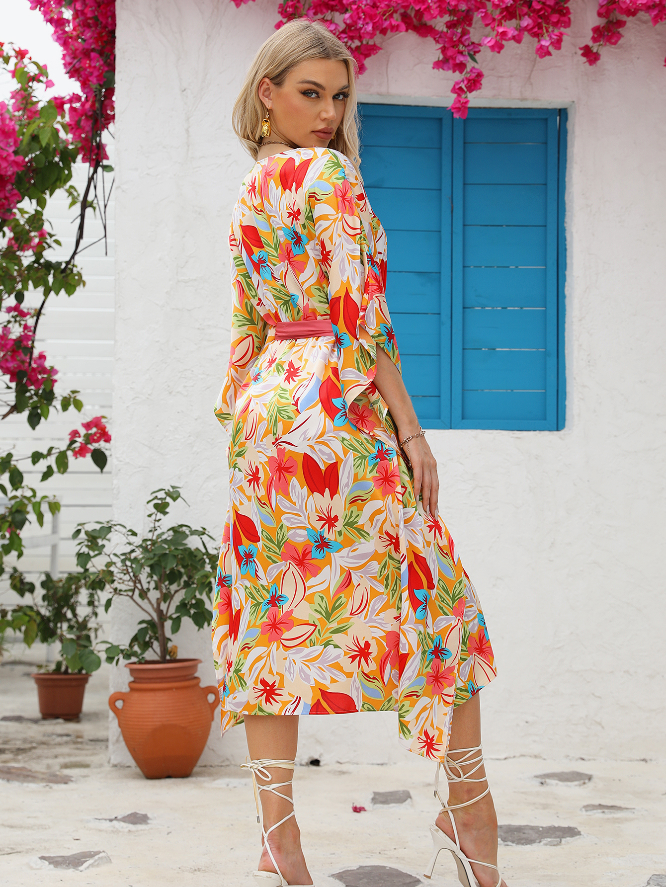 Women’s Boho Resort Print Tie Waist Midi Dress D-35142