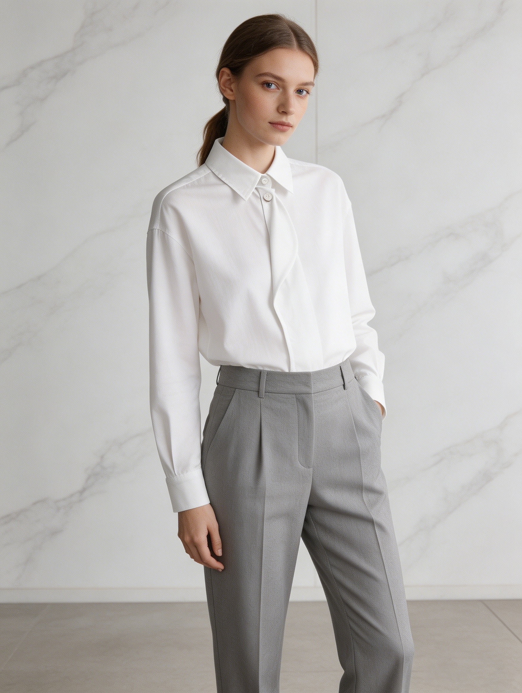Elegant White Draped Front Shirt - Oversized Collar Office Blouse  AN-710011