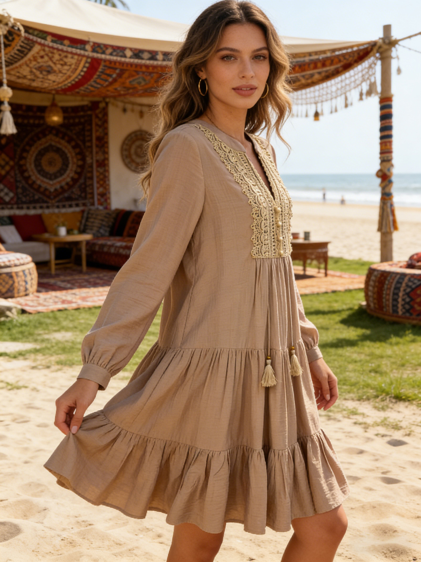 Women’s Boho Lace Panel Tassel Tie Tiered Mini Dress B-42051