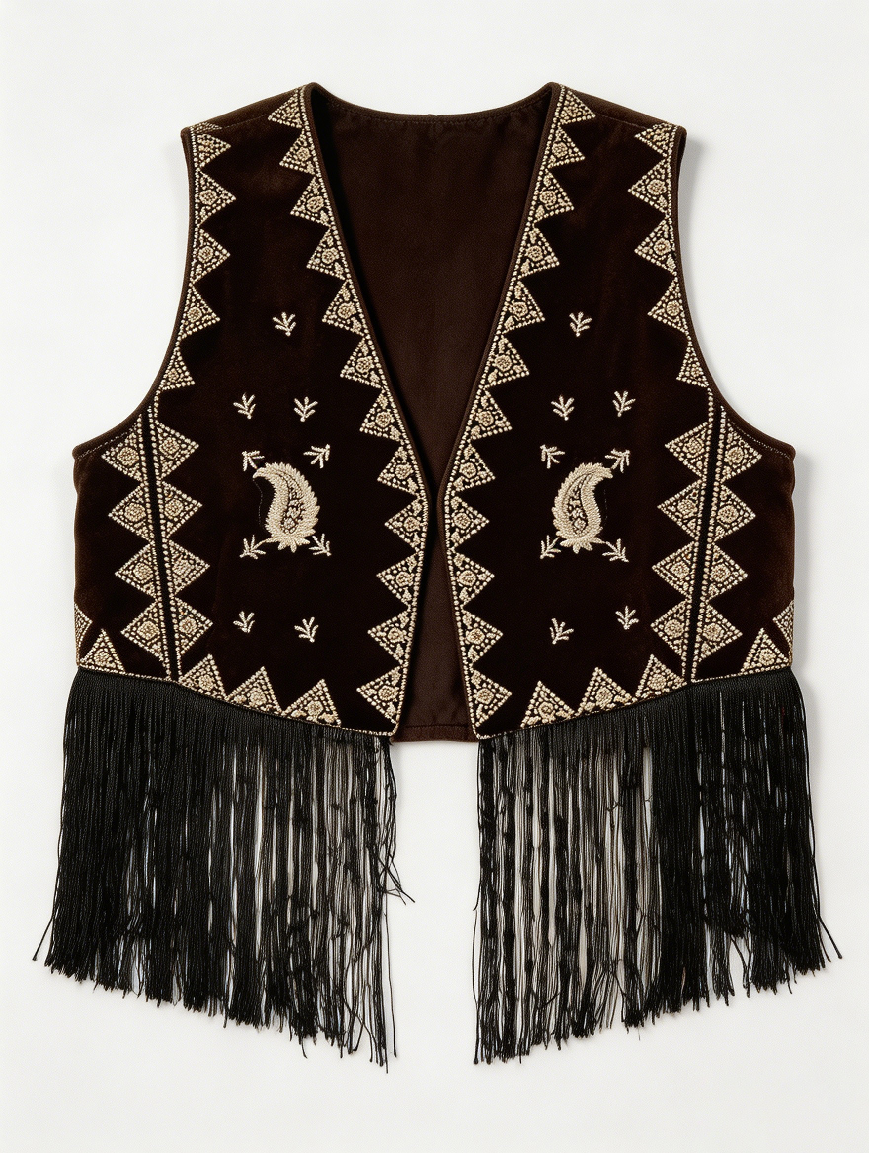 Boho Brown Velvet Embroidered Fringe Vest W-33701
