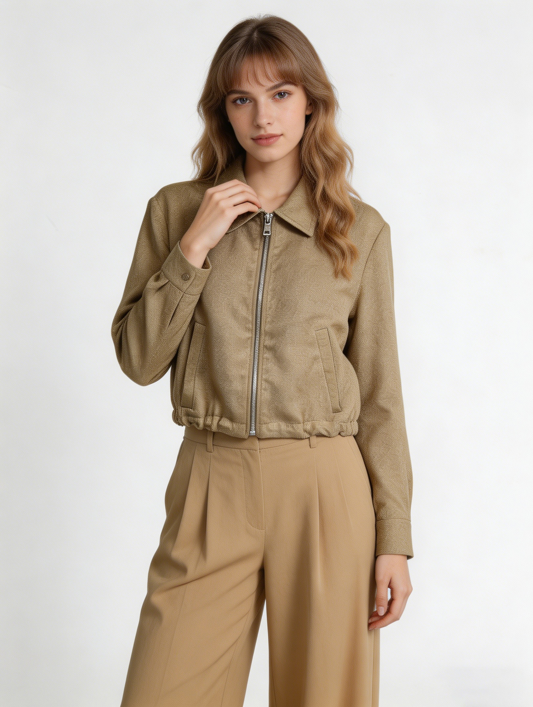 Minimalist Linen Zip Up Cropped Jacket C-41784