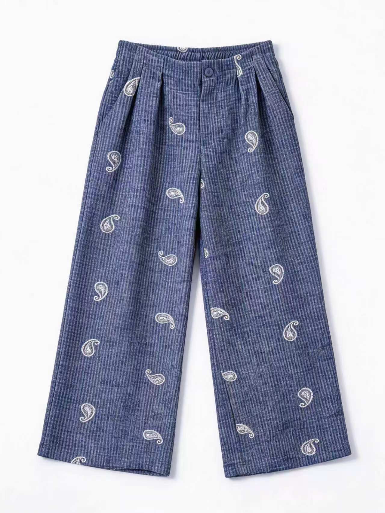 Paisley Embroidered High-Waisted Linen Pants AN-710029