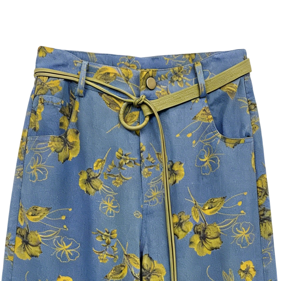 Bohemian Floral Print Wide Leg Jeans - High Waist Belted Casual Denim Trousers A-41667