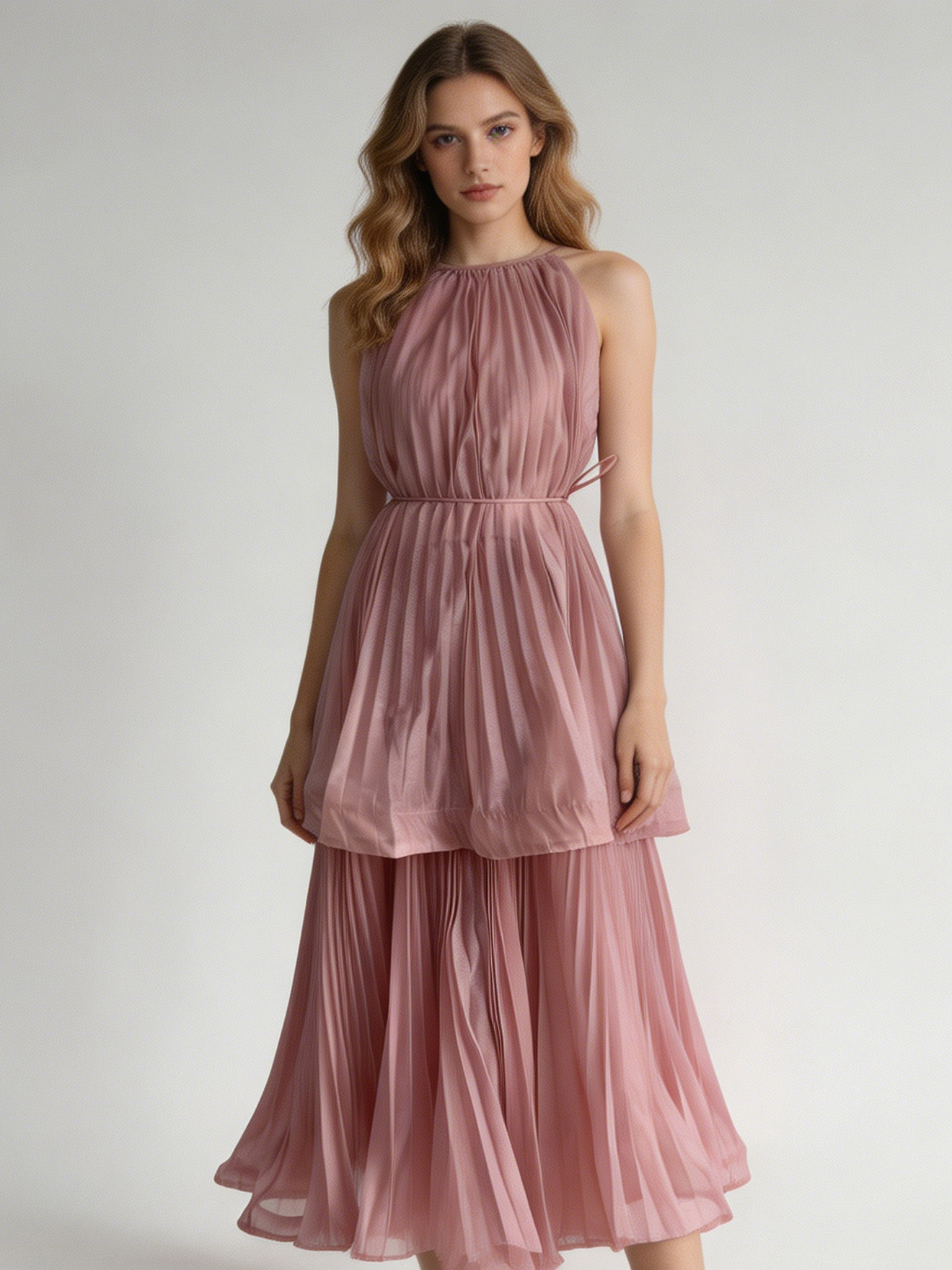 Pink Halter Neck Tiered Pleated Maxi Dress - Elegant Party Dress 5253