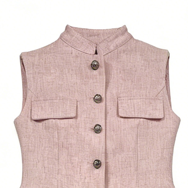 Pink Linen-Blend Mandarin Collar Vest Wide Leg Pants Set - Office 2 Piece Outfit V-C41196