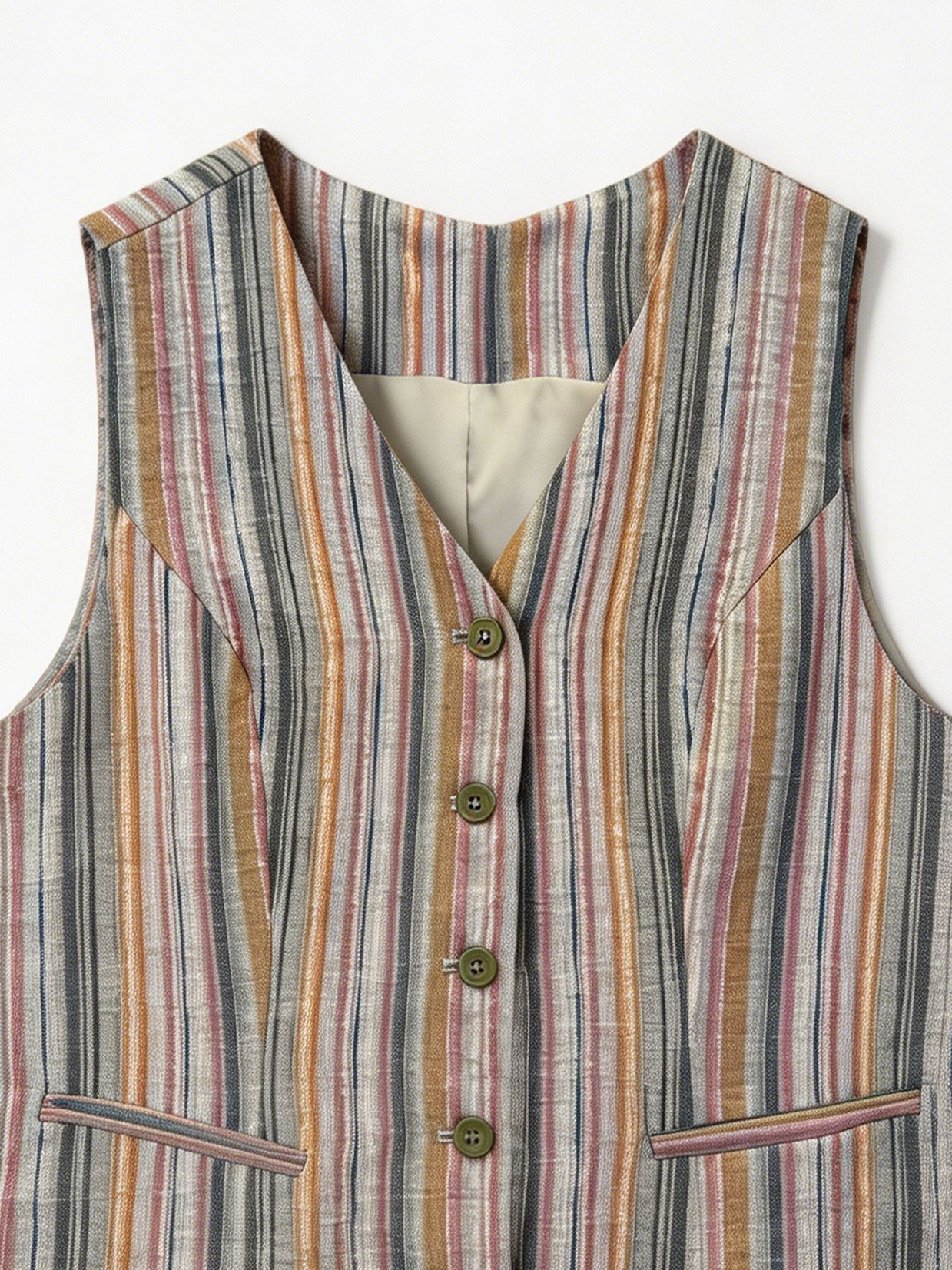 Oriental Style Multicolor Stripe Suit - V-Neck Vest & High Waist Trousers D-42125