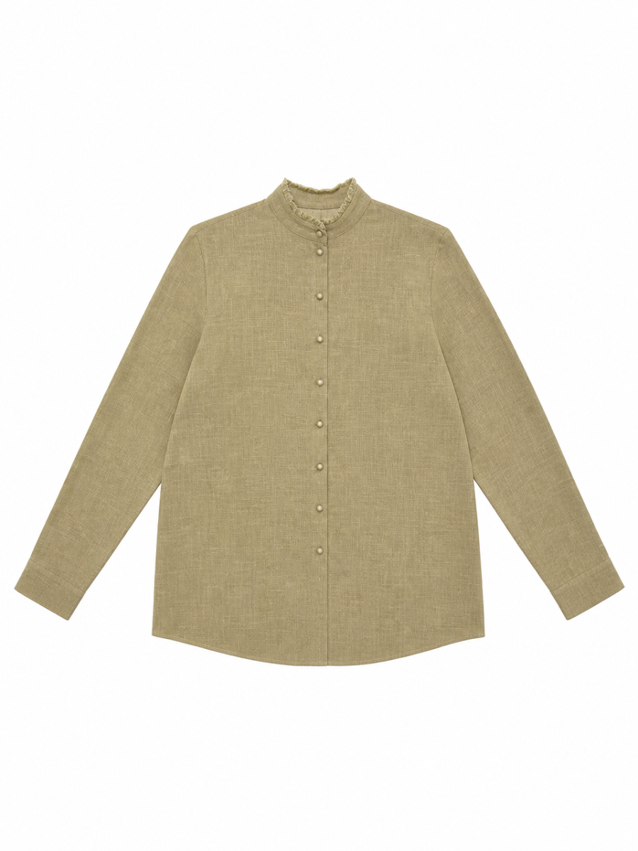 Elegant Oriental Lace‑Trim Stand‑Collar Shirt W-43165