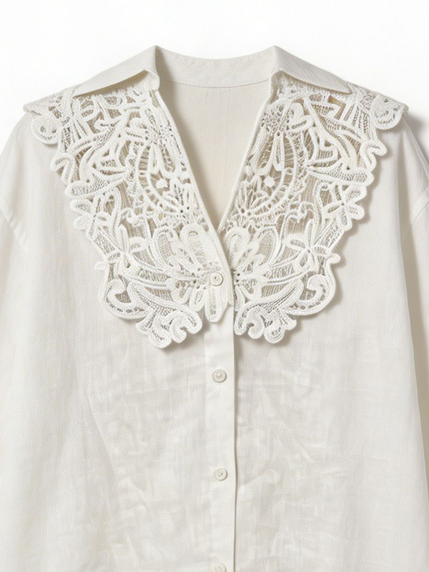 White Linen Shirt with Lace Collar - Casual Long Sleeve Blouse XW-42332