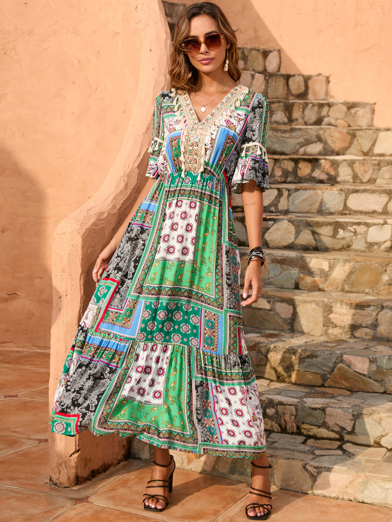 Women’s Boho Patchwork V-Neck Flowy Midi Dress D-35749