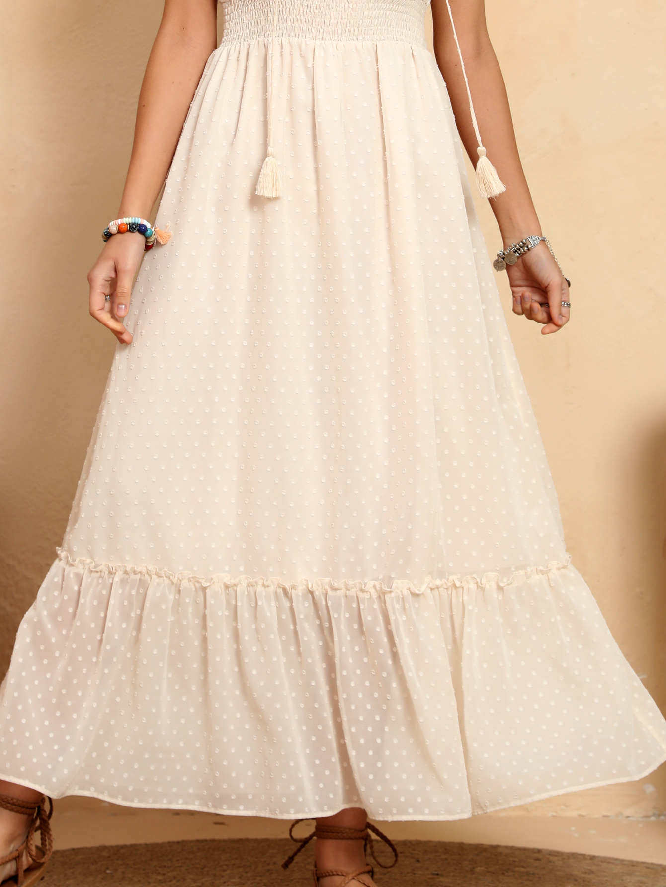 Women’s Swiss Dot Ruffle Sleeve Smocked Midi Dress D-34793